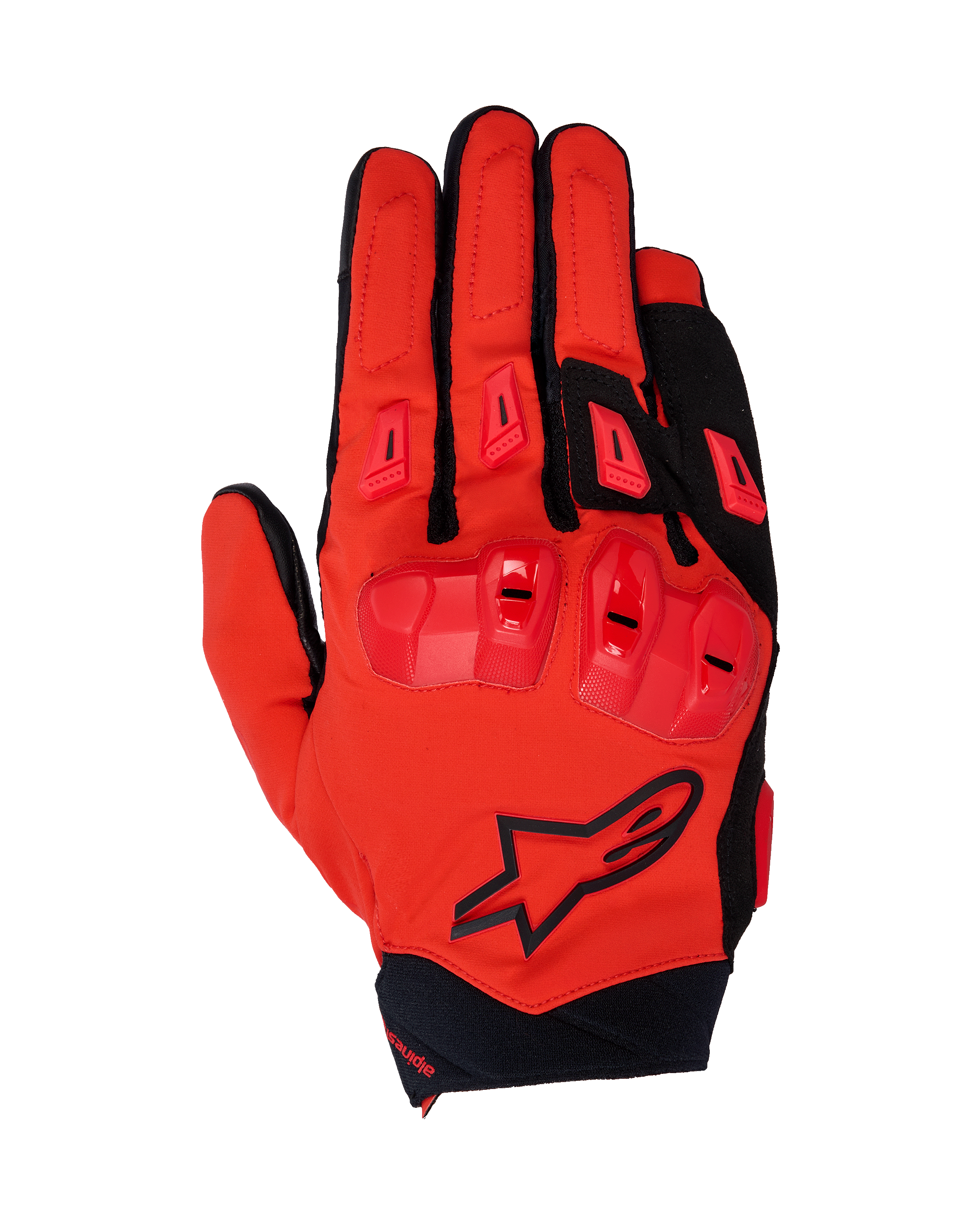 Guantes Alpinestars 2025 SP X 3, guantes de carreras para moto, rojo brillante y negro, con protección de nudillos de TPU de doble densidad y deslizadores en los dedos, vista superior que muestra la construcción de malla elástica y el logotipo de la estrella negra