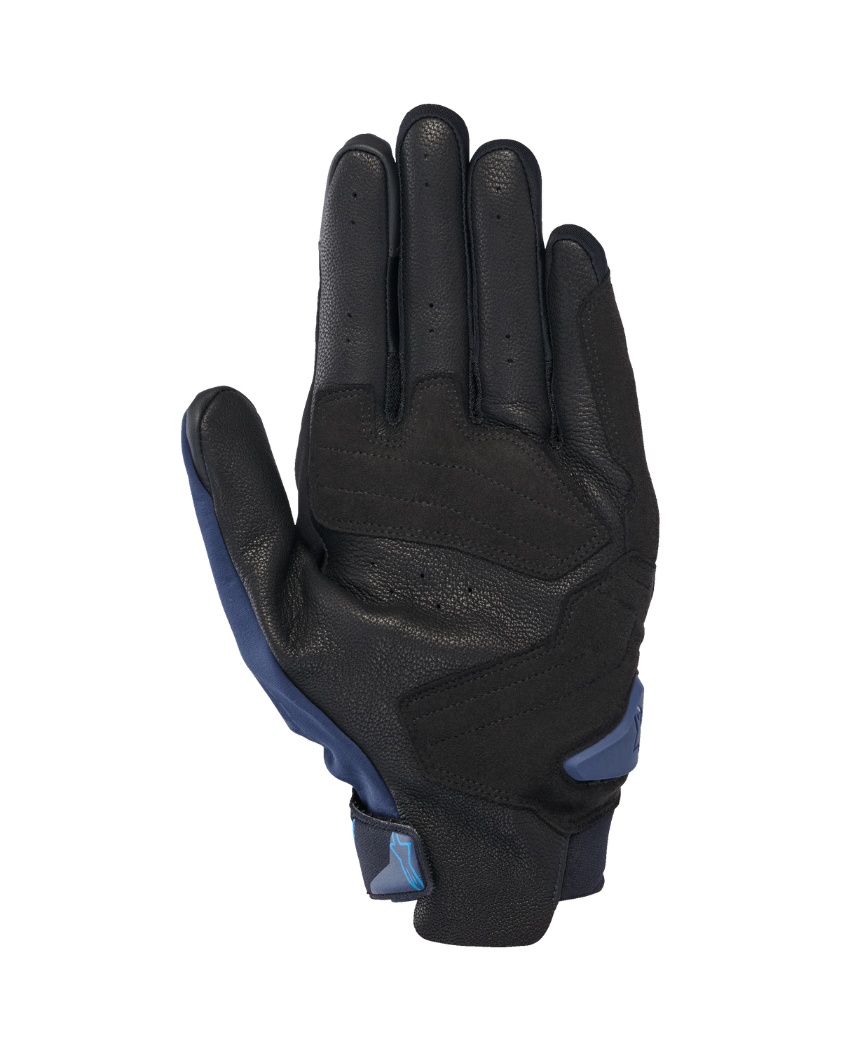 Guantes Alpinestars SP X 3, guantes de moto, azul oscuro y azul Blithe, vista de la palma con cuero negro perforado y superposiciones sintéticas, deslizador de palma de TPR y lengüeta de tracción integrada para facilitar la entrada.