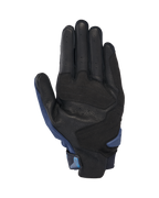 Guantes Alpinestars SP X 3, guantes de moto, azul oscuro y azul Blithe, vista de la palma con cuero negro perforado y superposiciones sintéticas, deslizador de palma de TPR y lengüeta de tracción integrada para facilitar la entrada.