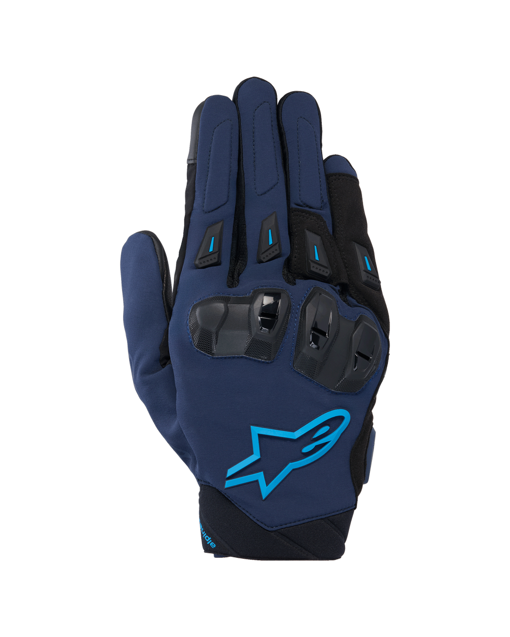 Guantes Alpinestars SP X 3, guantes de carreras de moto, azul oscuro y negro con detalles en azul Blithe, con protección de nudillos de TPU de doble densidad y el logo de la estrella de Alpinestars, construcción textil y de malla para conducción deportiva