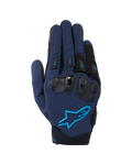 Guantes Alpinestars SP X 3, guantes de carreras de moto, azul oscuro y negro con detalles en azul Blithe, con protección de nudillos de TPU de doble densidad y el logo de la estrella de Alpinestars, construcción textil y de malla para conducción deportiva