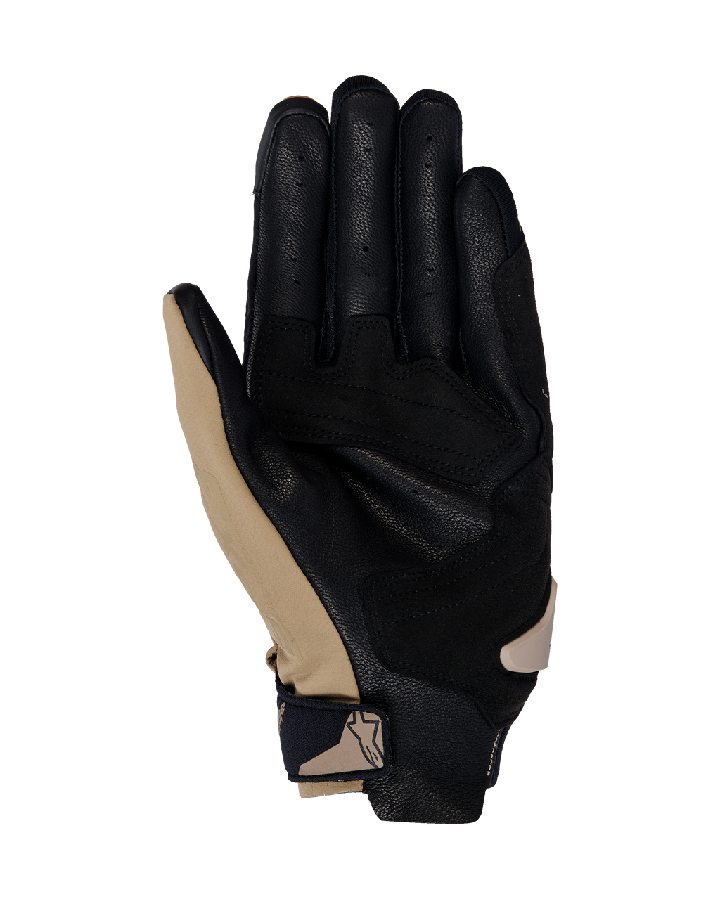 Guantes Alpinestars SP X 3, guantes de moto, Caqui Oscuro Arena Negro, vista de la palma con cuero negro perforado y superposiciones sintéticas caqui, correa de muñeca compacta con logotipo, diseño ergonómico para conducción deportiva y en carretera
