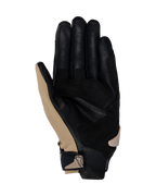 Guantes Alpinestars SP X 3, guantes de moto, Caqui Oscuro Arena Negro, vista de la palma con cuero negro perforado y superposiciones sintéticas caqui, correa de muñeca compacta con logotipo, diseño ergonómico para conducción deportiva y en carretera