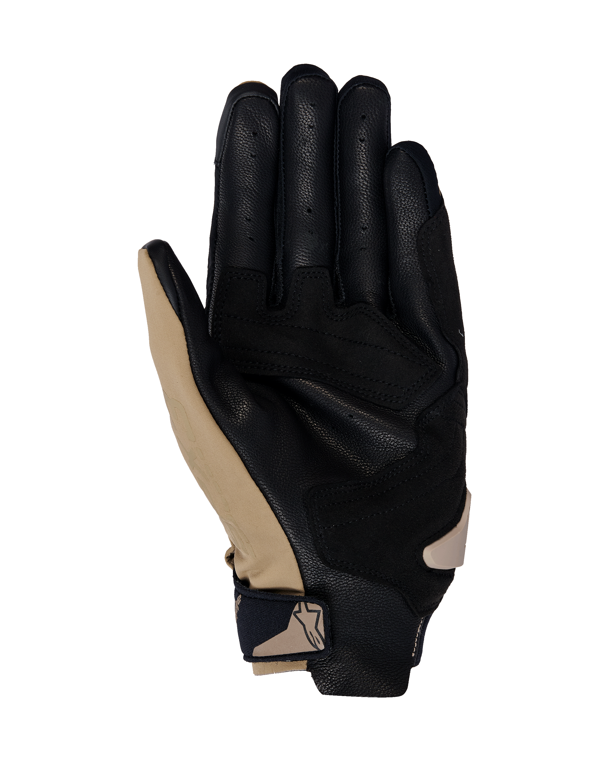 Guantes Alpinestars SP X 3, guantes de moto, Caqui Oscuro Arena Negro, vista de la palma con cuero negro perforado y superposiciones sintéticas caqui, correa de muñeca compacta con logotipo, diseño ergonómico para conducción deportiva y en carretera