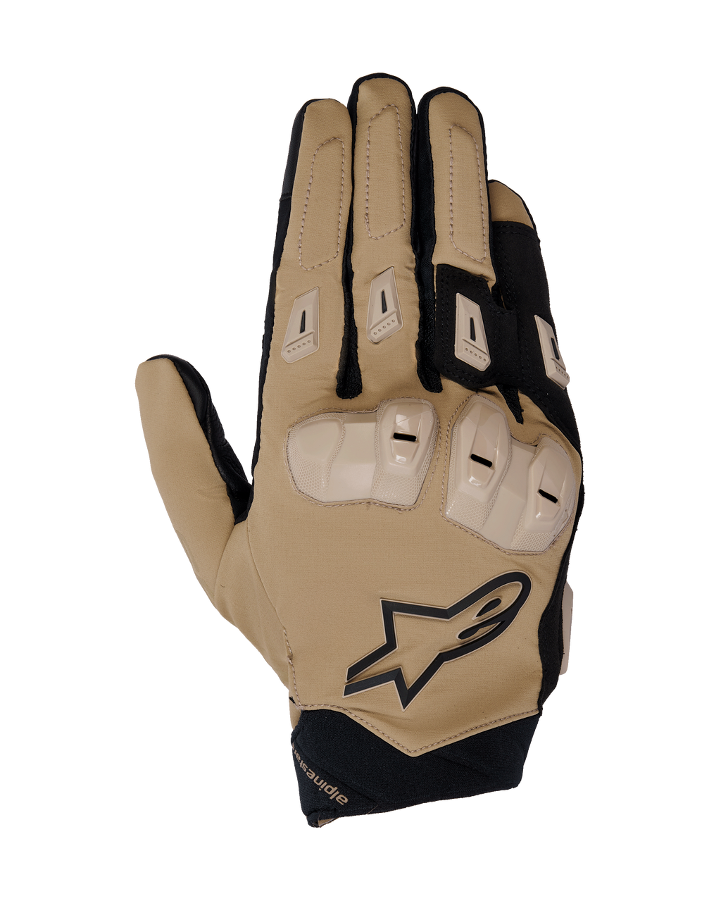 Alpinestars SP X 3, guantes de moto para carreras, caqui arena oscuro y negro, con protección de nudillos de TPU de doble densidad, acolchado reforzado en los dedos, material tejido elástico para mayor transpirabilidad y logotipo de la marca integrado