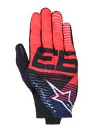 Alpinestars MM93 Reef V2 Gloves, motorcycle gloves, red and black with navy blue accents, featuring a prominent black 93 graphic, white Alpinestars star logo with stripes, and a contemporary sporty design with breathable stretch fabric.