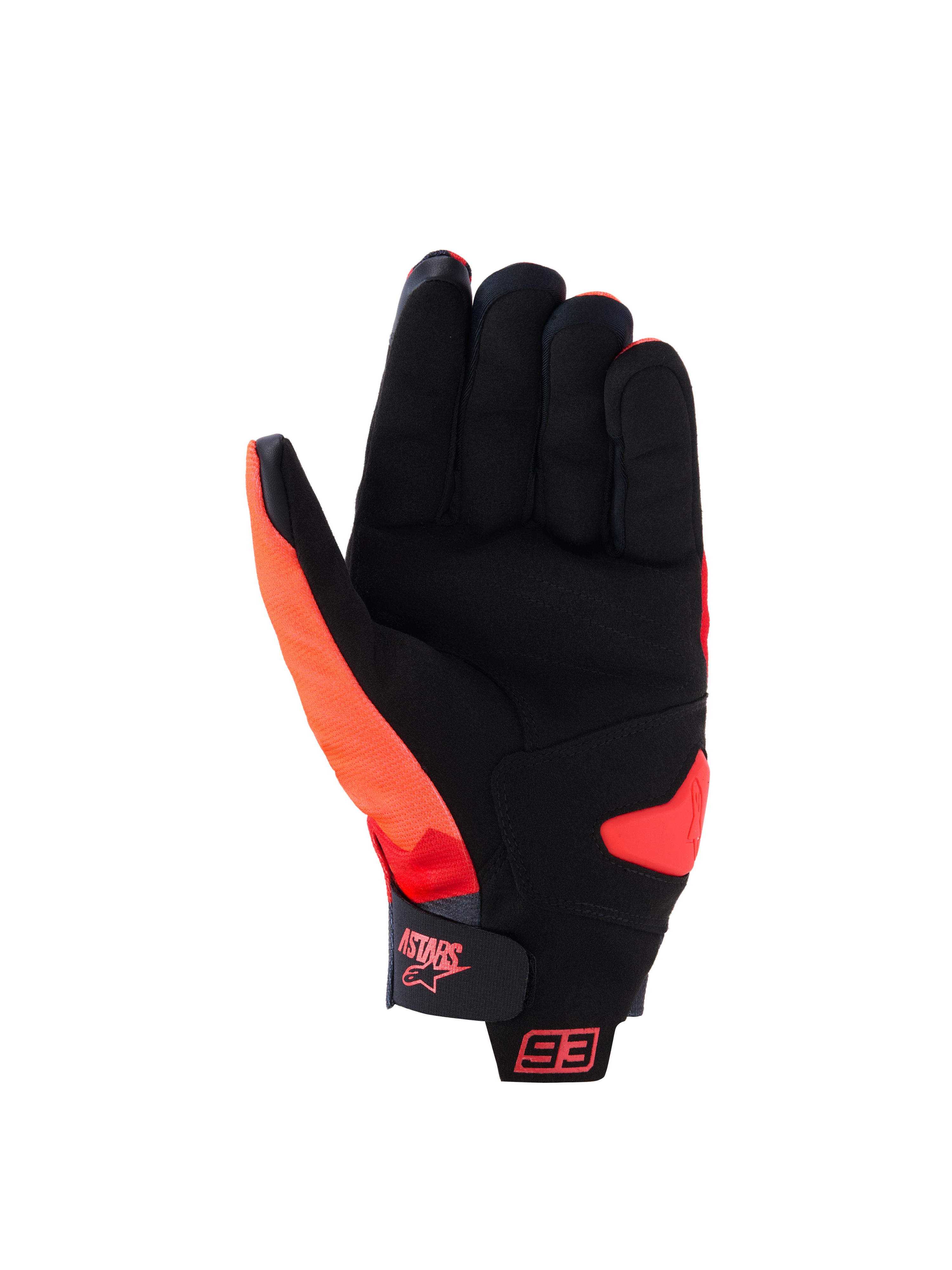 Alpinestars MM93 Reef V2 Gloves, Palm View, Red Fluo Bright Red Black, featuring a synthetic suede palm with padded reinforcement, hook-and-loop cuff strap with Astars logo, and 93 branding, urban motorcycle gloves