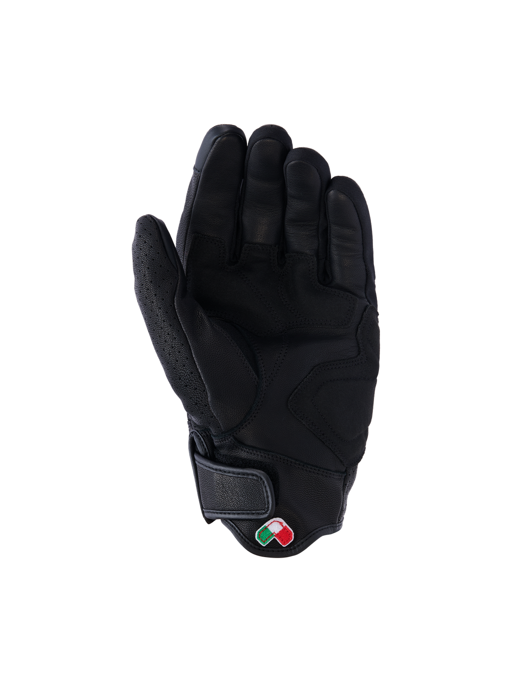 Guantes de cuero Alpinestars Mustang V3, negros, vista de la palma, construcción en cuero de cabra de primera calidad con zonas de agarre reforzadas, puño corto con cierre de gancho y bucle y pequeño parche de logo bordado, equipo de protección para motociclismo urbano