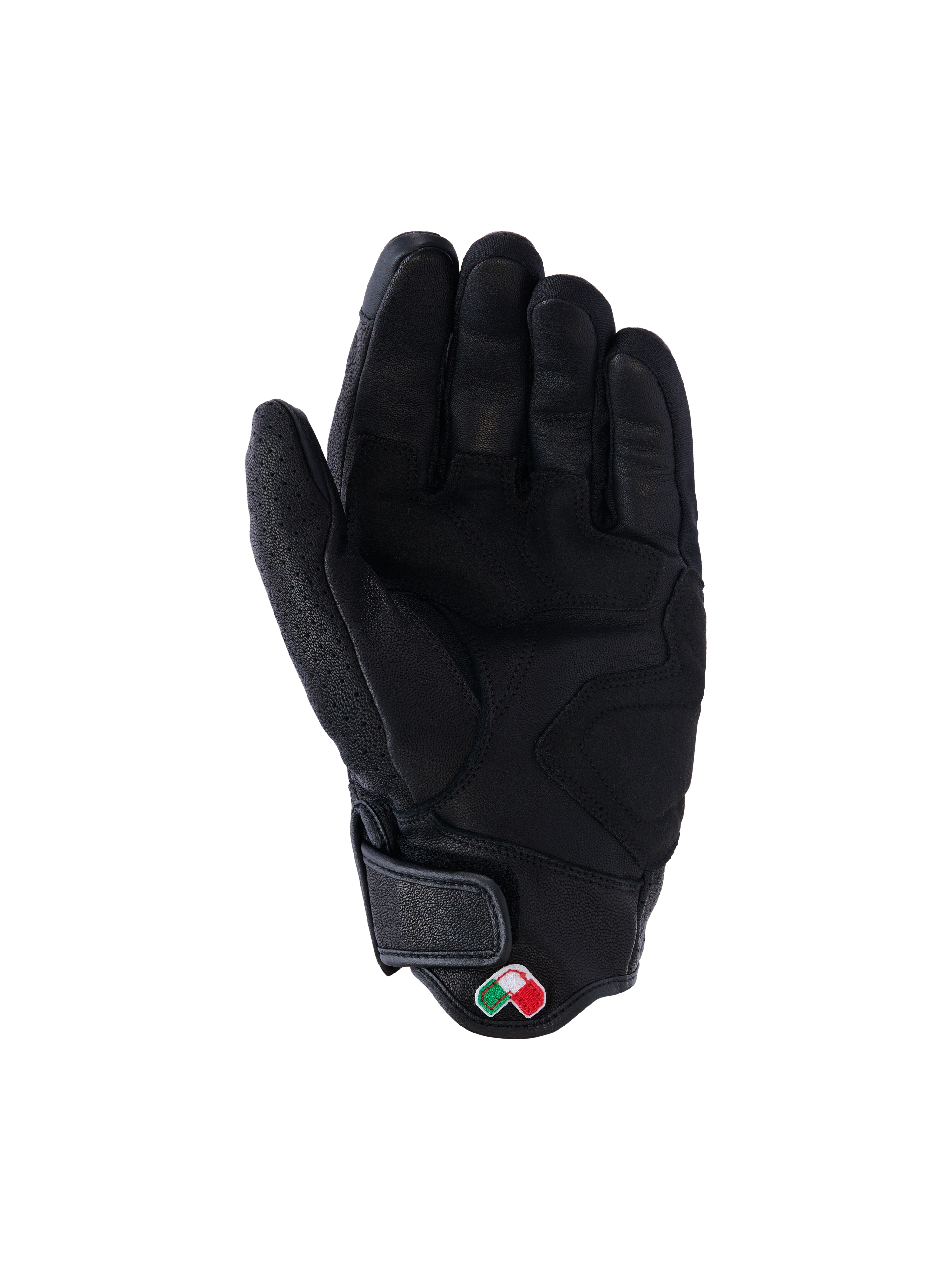 Guantes de cuero Alpinestars Mustang V3, negros, vista de la palma, construcción en cuero de cabra de primera calidad con zonas de agarre reforzadas, puño corto con cierre de gancho y bucle y pequeño parche de logo bordado, equipo de protección para motociclismo urbano