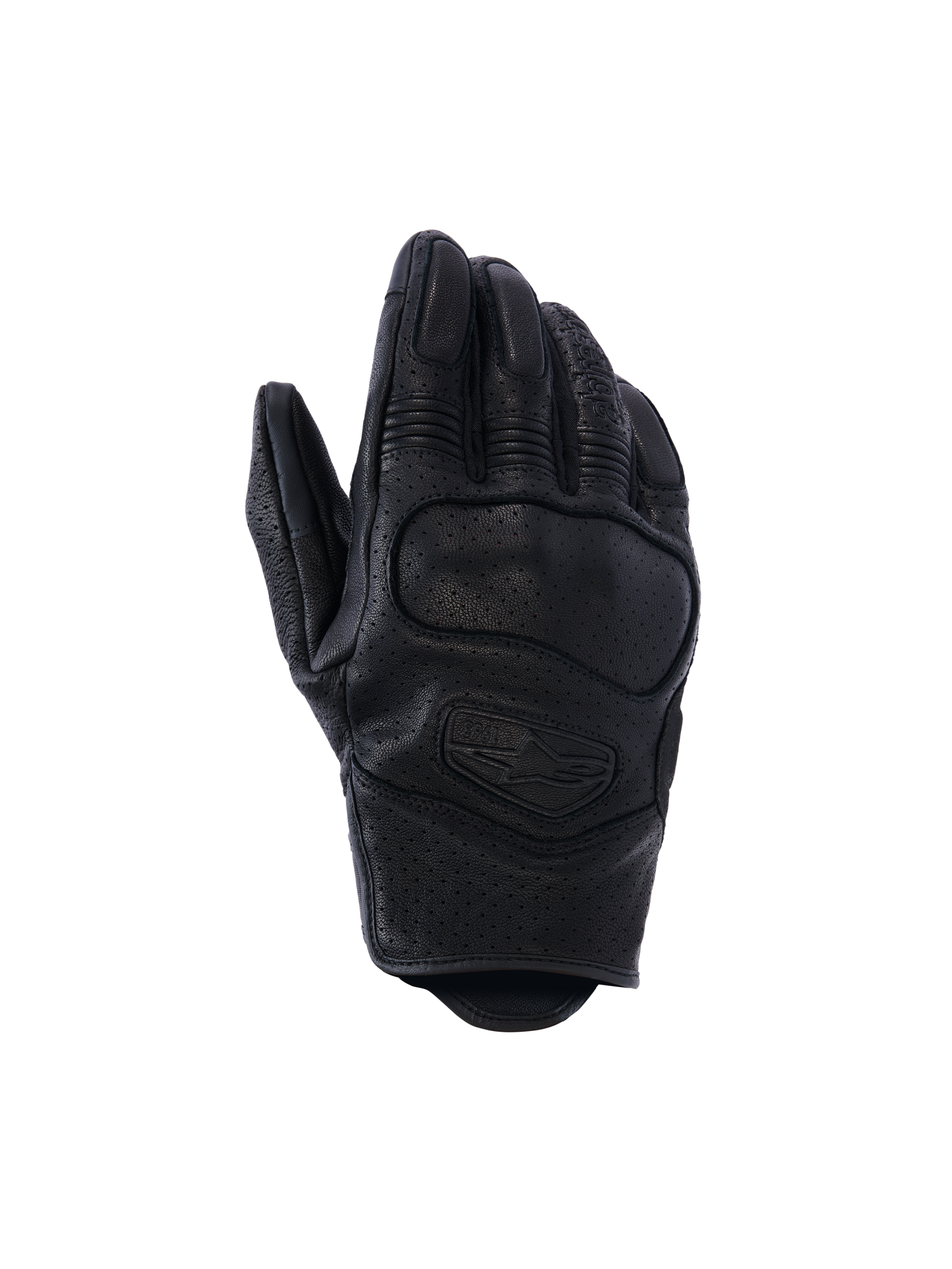 Alpinestars Mustang V3, guantes de moto de cuero negro, diseño perforado transpirable, protección reforzada en nudillos, construcción ergonómica flexible
