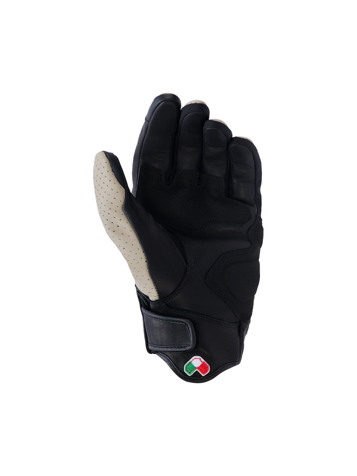 Guantes de cuero Alpinestars Mustang V3, vista de la palma, Aluminum Black, cuero de cabra negro con zona del pulgar en gris claro perforado, zonas de la palma y el pulgar reforzadas, puño corto con cierre de gancho y bucle, guantes de moto urbanos de inspiración heritage