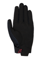 Guantes Honda Reef V2, vista de la palma, gamuza sintética negra con refuerzo acolchado, logotipo rojo de Alpinestars en la correa de la muñeca con cierre de gancho y bucle, diseño de puño corto para conducción de motocicletas