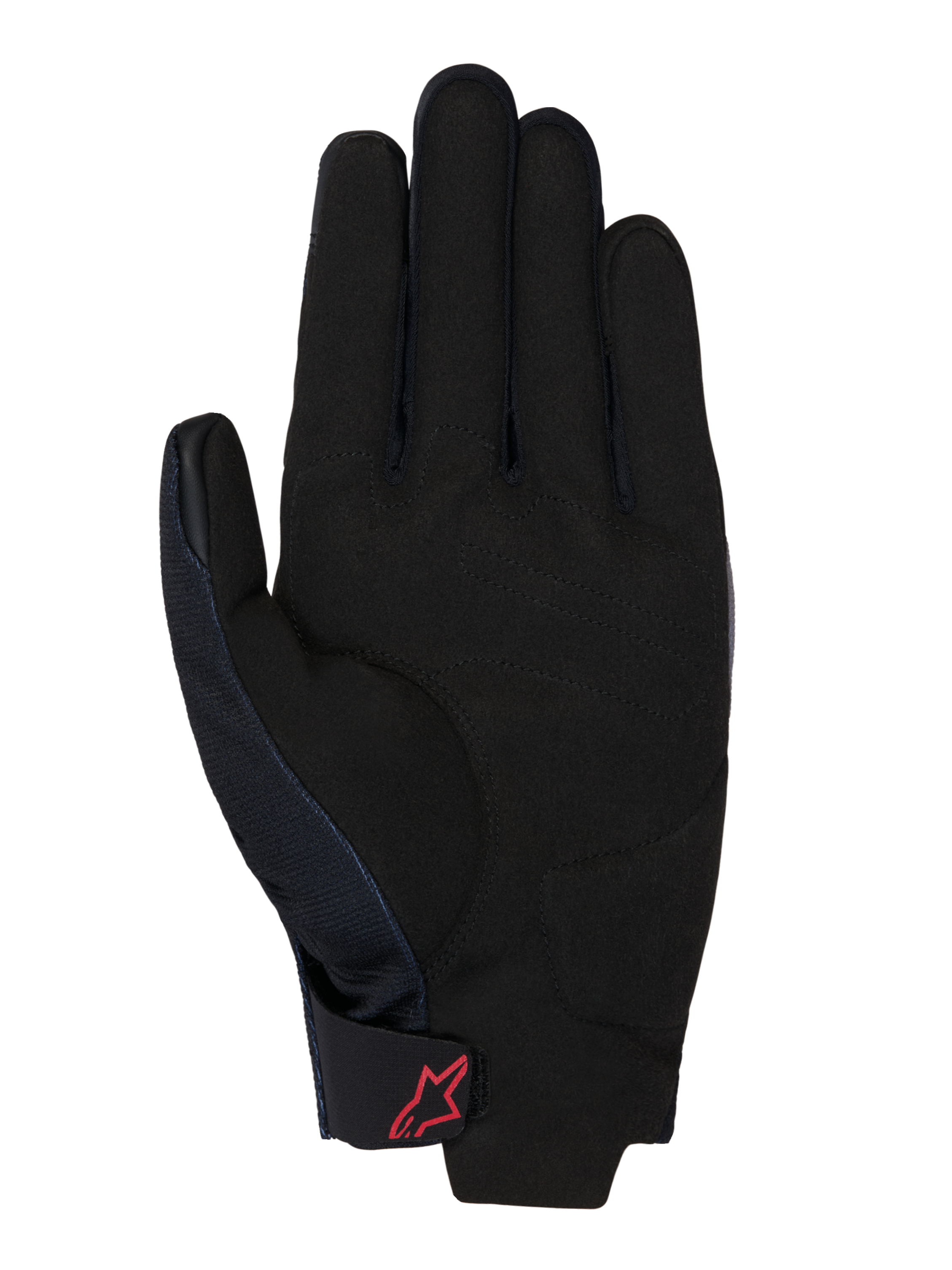 Guantes Honda Reef V2, vista de la palma, gamuza sintética negra con refuerzo acolchado, logotipo rojo de Alpinestars en la correa de la muñeca con cierre de gancho y bucle, diseño de puño corto para conducción de motocicletas