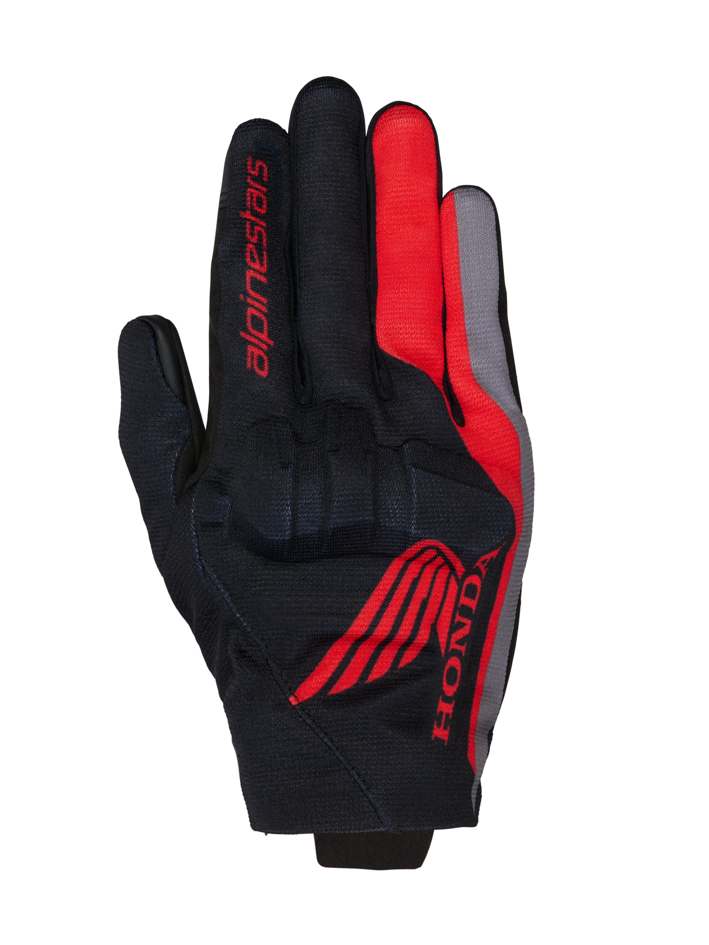 Guantes Alpinestars Honda Reef V2, guantes de moto, negro con detalles en rojo brillante y gris oscuro, con el logotipo del ala de Honda en rojo y marca Alpinestars, construcción de tejido transpirable con protección de nudillos integrada, diseño de puño corto