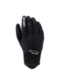 Alpinestars Tracker Gloves, Motorcycle Gloves, Black, backhand view showing stretch textile construction, perforated leather details on fingers and wrist, white branding on index finger, Alpinestars logo with 1963 on the back, padded knuckle area, short cuff urban design
