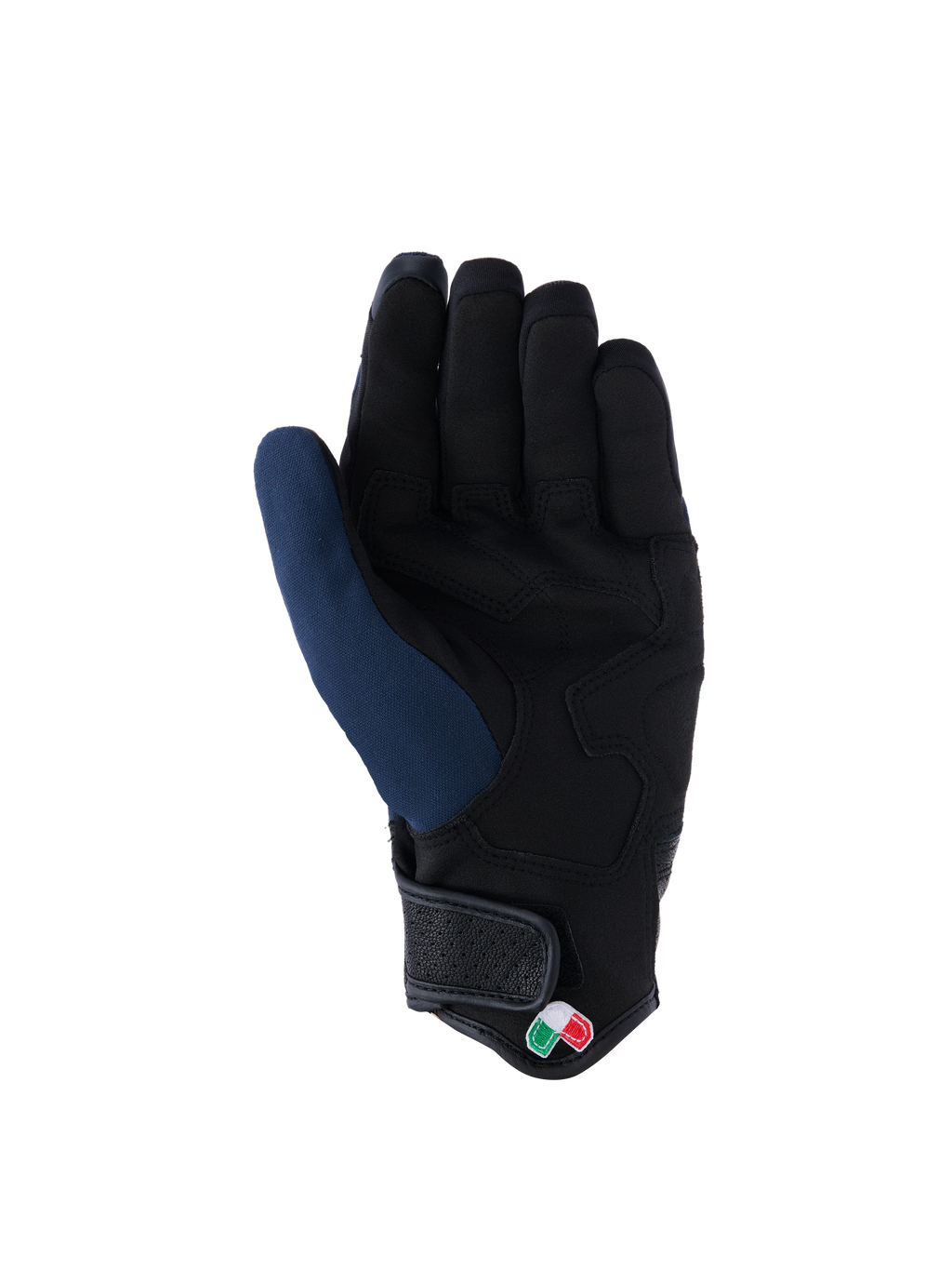 Alpinestars Tracker Gloves, palm view, Dark Blue and Black, featuring reinforced synthetic suede palm, short cuff with hook-and-loop closure, and small tricolor logo detail, urban motorcycle gear