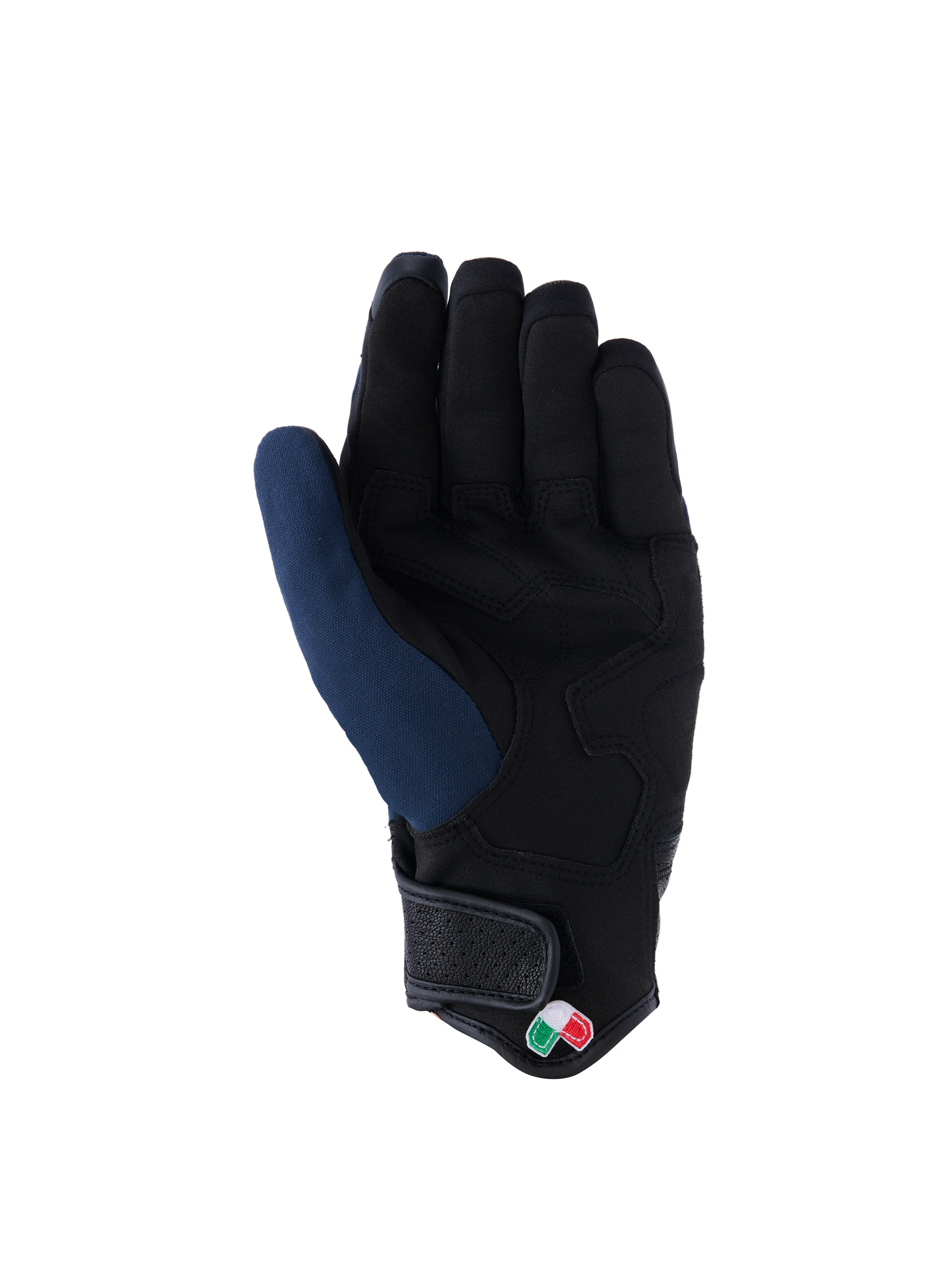 Alpinestars Tracker Gloves, palm view, Dark Blue and Black, featuring reinforced synthetic suede palm, short cuff with hook-and-loop closure, and small tricolor logo detail, urban motorcycle gear