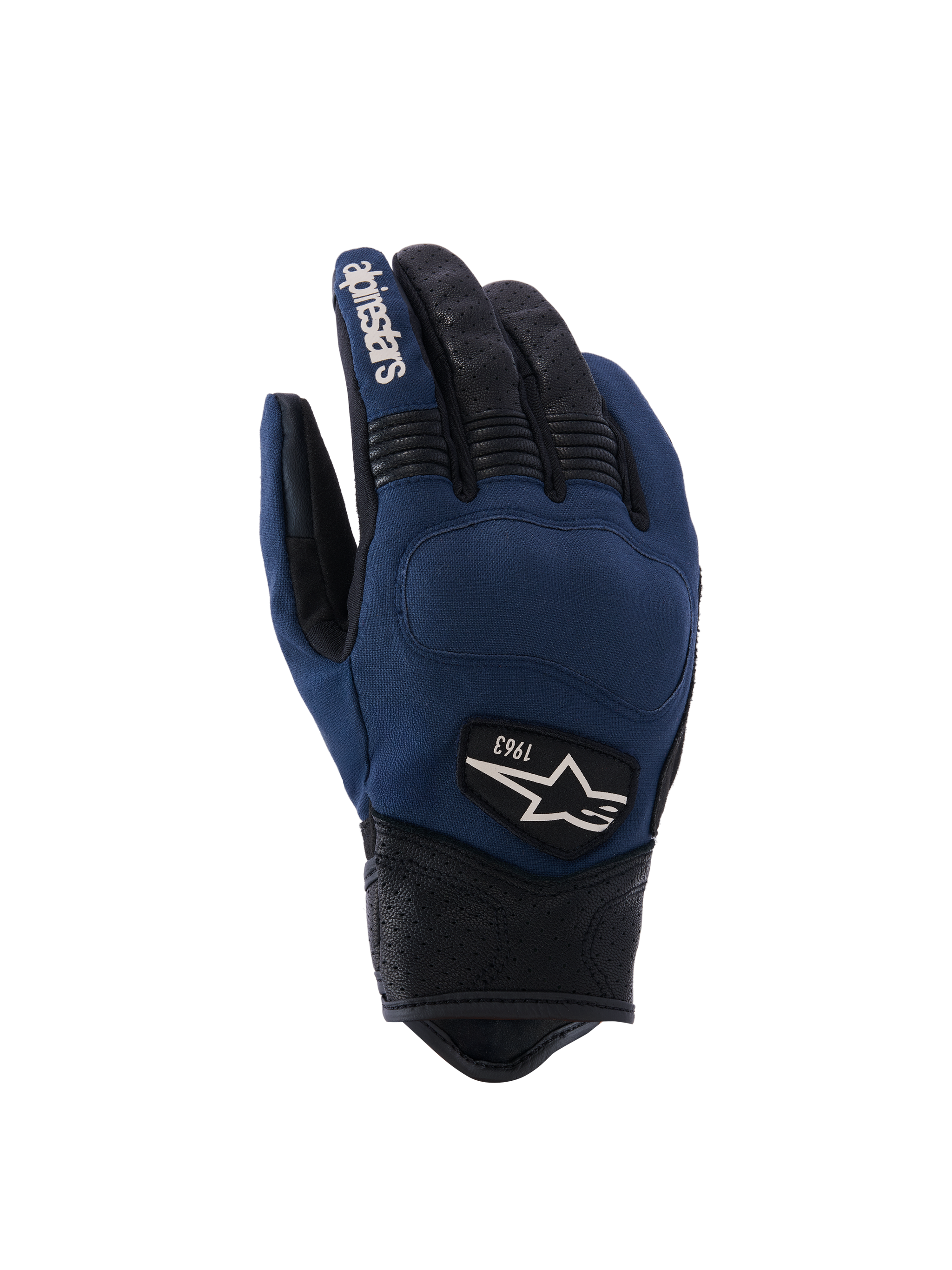 Alpinestars Tracker Gloves, guantes de moto unisex, azul y negro, con palma texturizada, dedos perforados, logotipo blanco y "1963", nudillos reforzados, diseño ergonómico con cuero sintético y tela