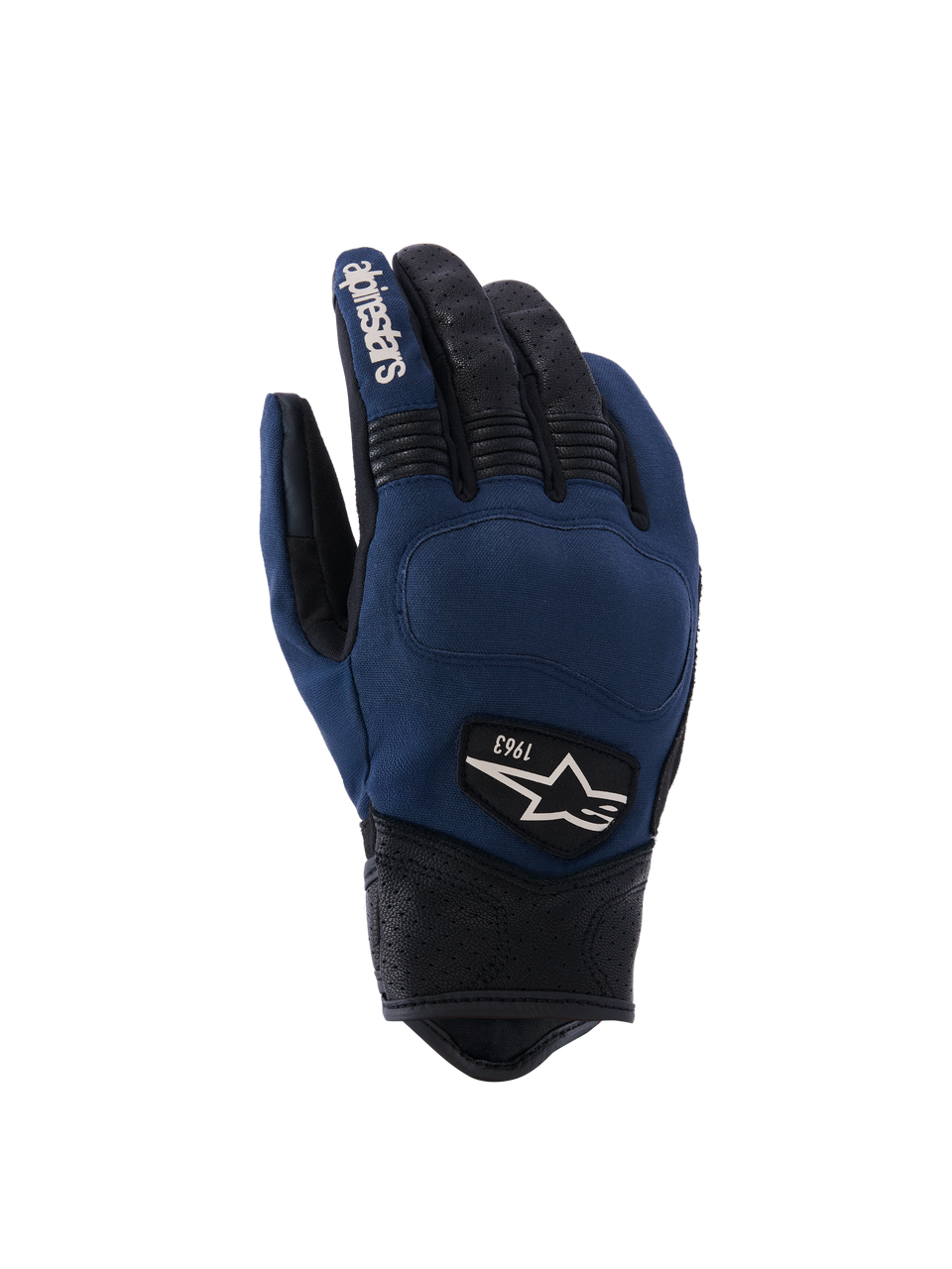 Guantes Alpinestars Tracker, guantes de moto urbanos, azul oscuro y negro, dorso textil con dedos y puño de cuero perforado, inserciones elásticas de acordeón, parche con logotipo Heritage 1963, estilo inspirado en ropa de trabajo