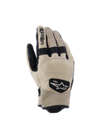 Alpinestars Tracker Gloves, guantes de moto, beige y negro, con cuero perforado, inserciones elásticas de acordeón negras y parche con el logotipo heritage 1963, estilo urban workwear