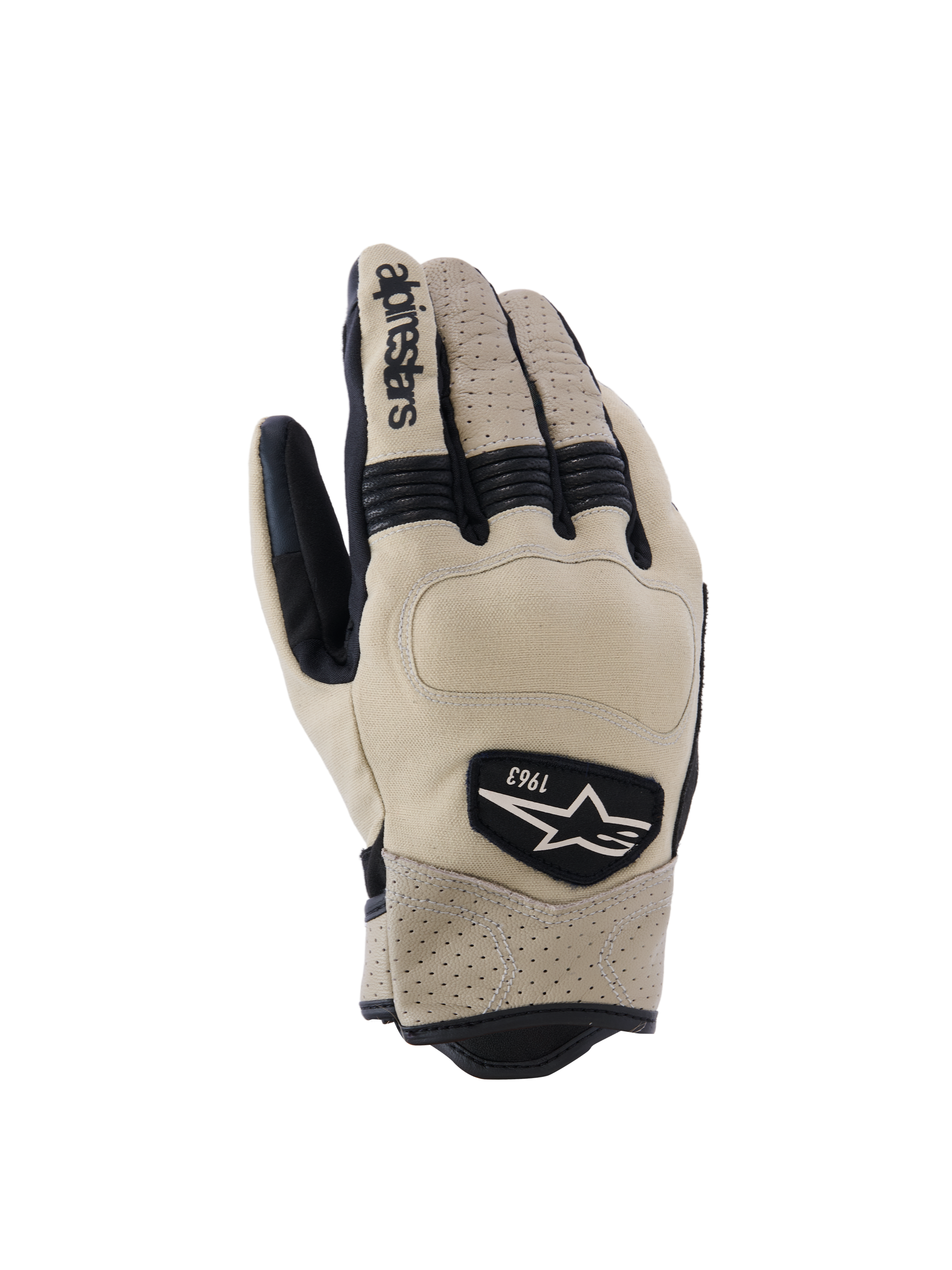 Alpinestars Tracker Gloves, guantes de moto, beige y negro, con cuero perforado, inserciones elásticas de acordeón negras y parche con el logotipo heritage 1963, estilo urban workwear