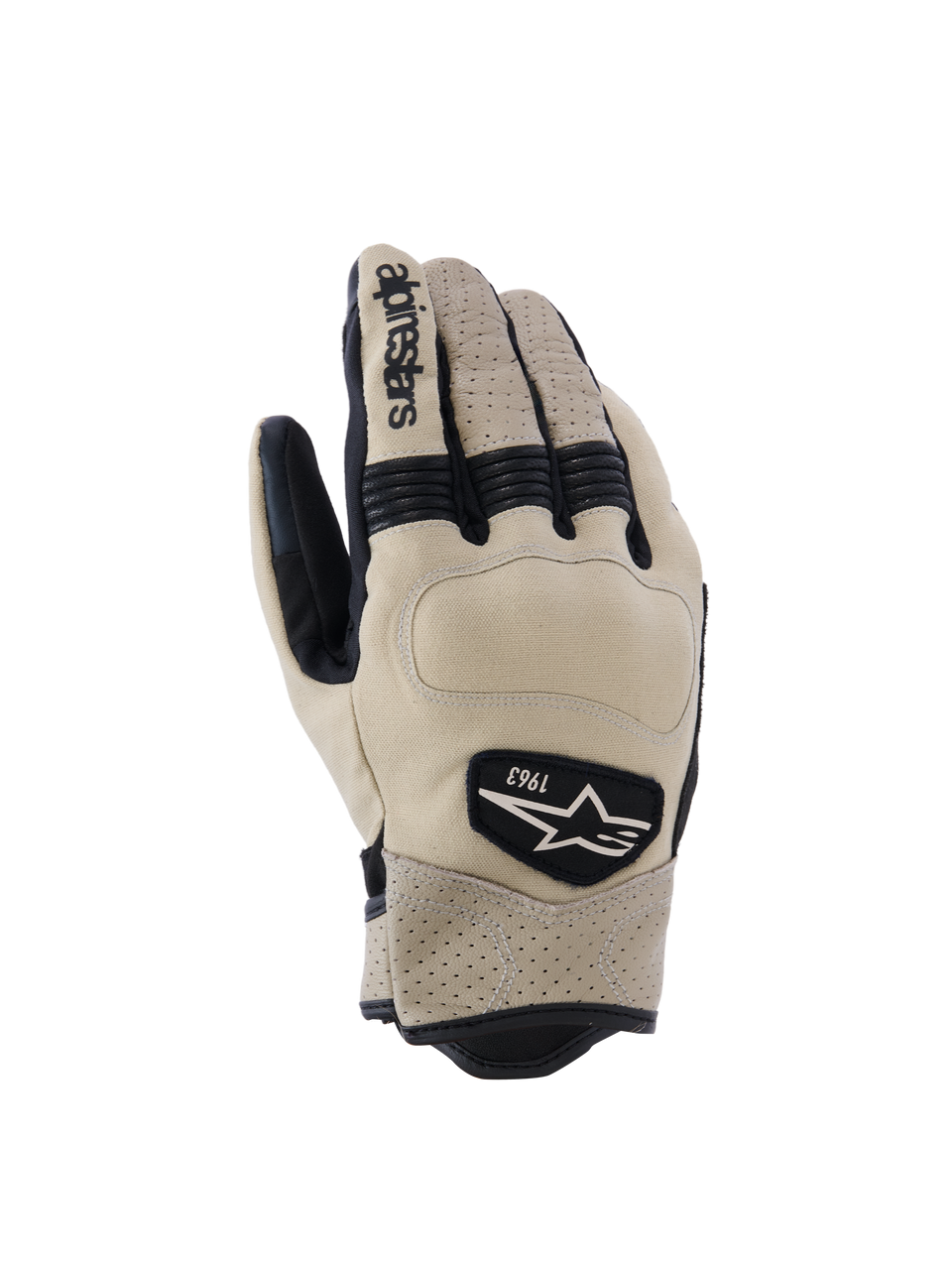 Alpinestars Tracker Gloves, guantes de moto, beige y negro, con cuero perforado, inserciones elásticas de acordeón negras y parche con el logotipo heritage 1963, estilo urban workwear