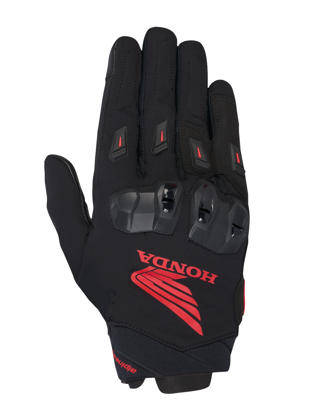 Alpinestars Honda SP X 3, guantes deportivos para moto, negros con el logotipo de Honda en rojo prominente, protectores de nudillos de TPU negros, deslizadores de dedos rojos, construcción de textil técnico y cuero