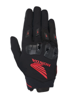 Alpinestars Honda SP X 3, guantes deportivos para moto, negros con el logotipo de Honda en rojo prominente, protectores de nudillos de TPU negros, deslizadores de dedos rojos, construcción de textil técnico y cuero
