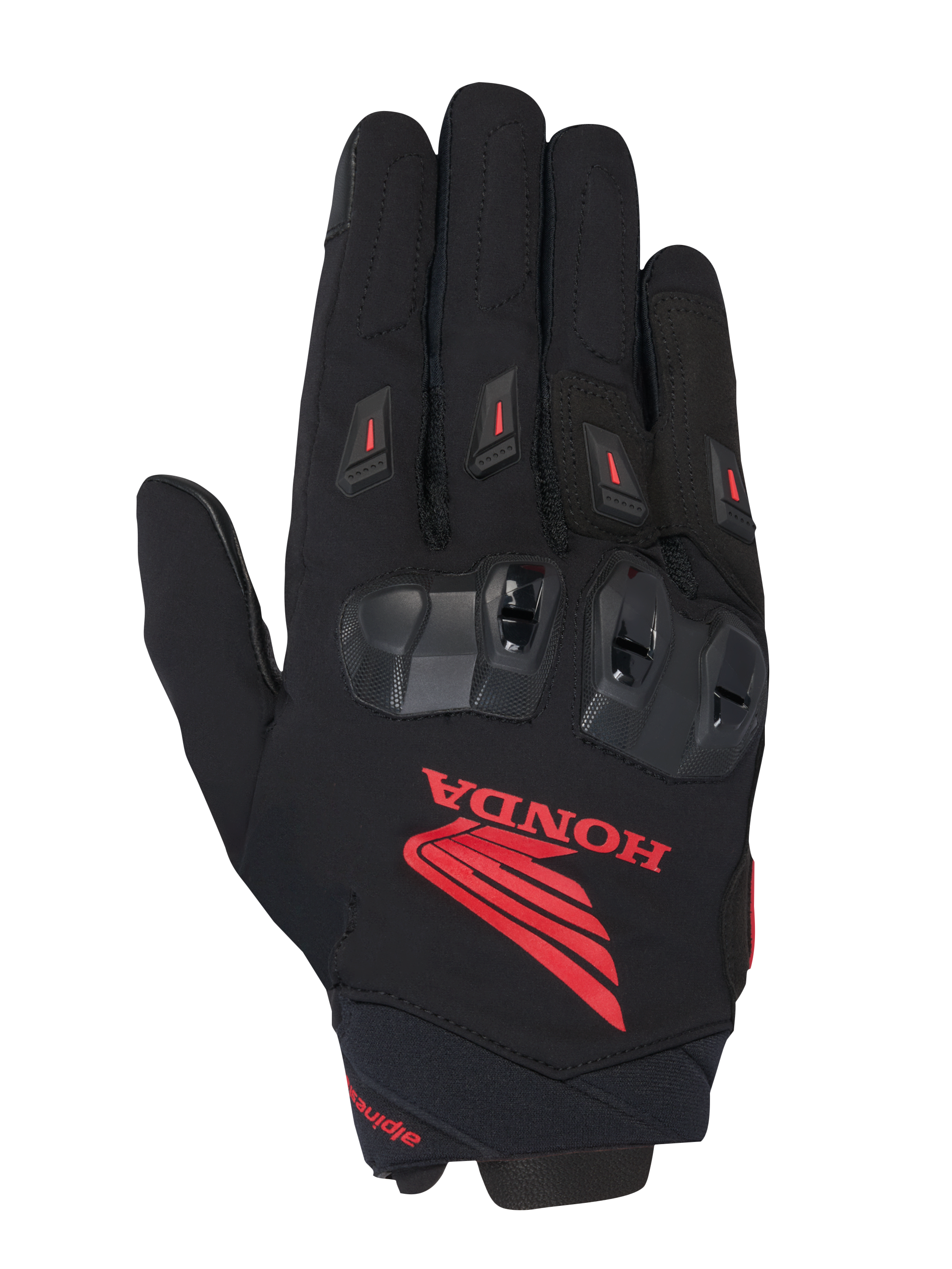 Alpinestars Honda SP X 3, guantes deportivos para moto, negros con el logotipo de Honda en rojo prominente, protectores de nudillos de TPU negros, deslizadores de dedos rojos, construcción de textil técnico y cuero