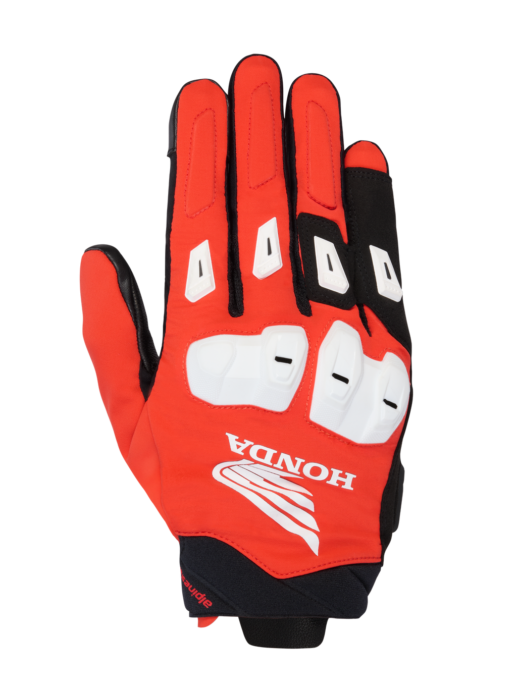 Guantes Alpinestars Honda SP X 3, guantes deportivos de moto, rojo brillante, negro y blanco, con protectores de nudillos de TPU y deslizadores de dedos en blanco, logotipo de ala de Honda en el dorso, diseño multimaterial transpirable para conducción en carretera en verano