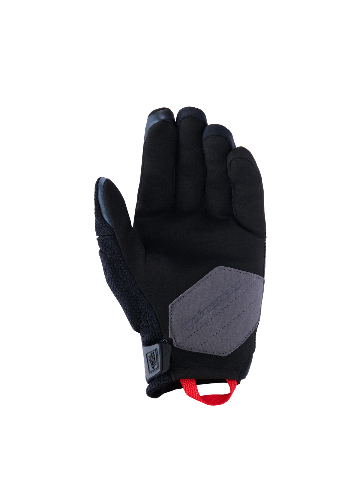 Guantes Alpinestars Durack, guantes de moto, negro, gris oscuro y rojo brillante, vista de la palma que muestra la construcción de ante sintético con un parche de refuerzo gris y un tirador rojo brillante, equipamiento para conducción de aventura y dual-sport