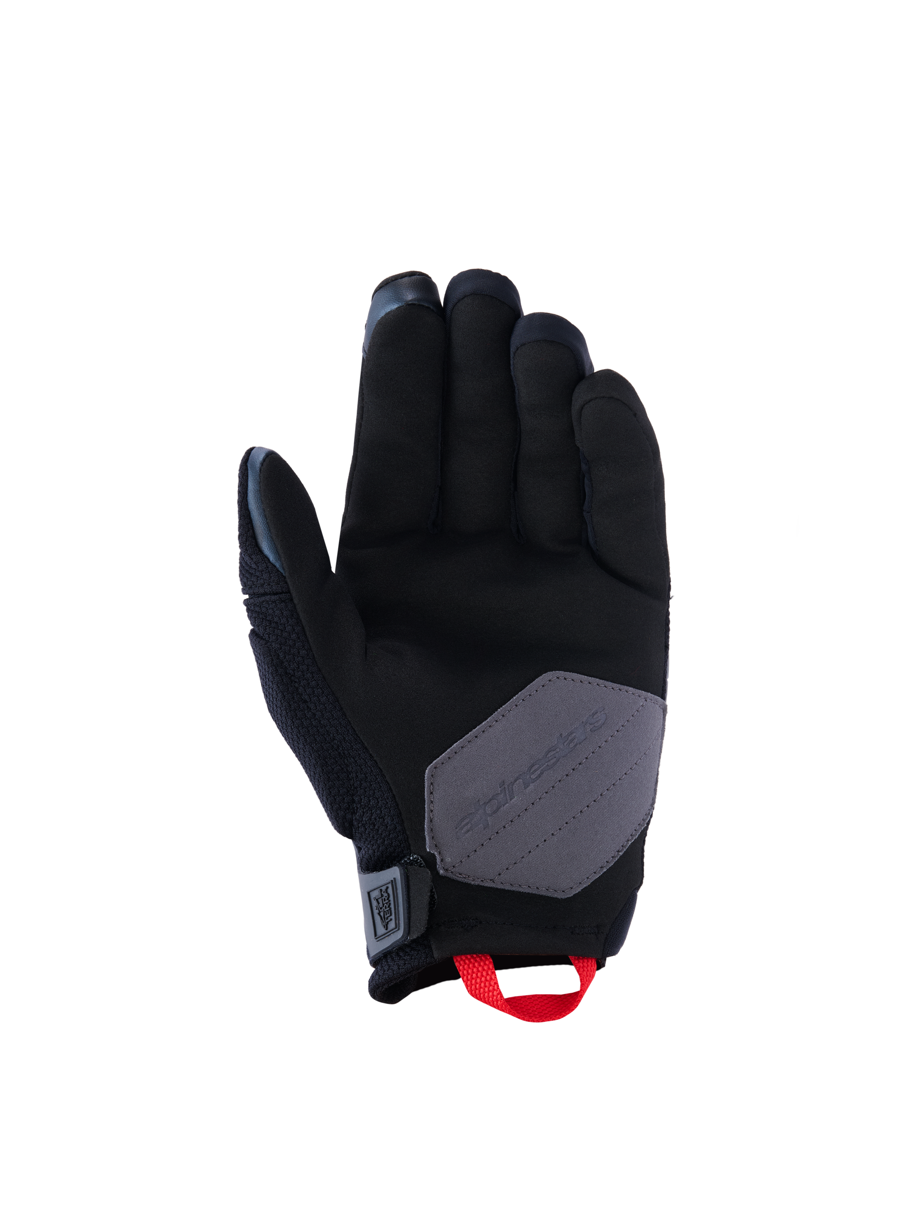 Guantes Alpinestars Durack, guantes de moto, negro, gris oscuro y rojo brillante, vista de la palma que muestra la construcción de ante sintético con un parche de refuerzo gris y un tirador rojo brillante, equipamiento para conducción de aventura y dual-sport