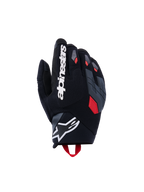 Guantes Alpinestars Durack, guantes de moto, negros con detalles en gris oscuro y rojo brillante, con dorso de tejido texturizado, protección de nudillos dividida en gris, nombre de la marca Alpinestars en blanco en el dedo índice y logotipo de estrella blanca en la muñeca de neopreno