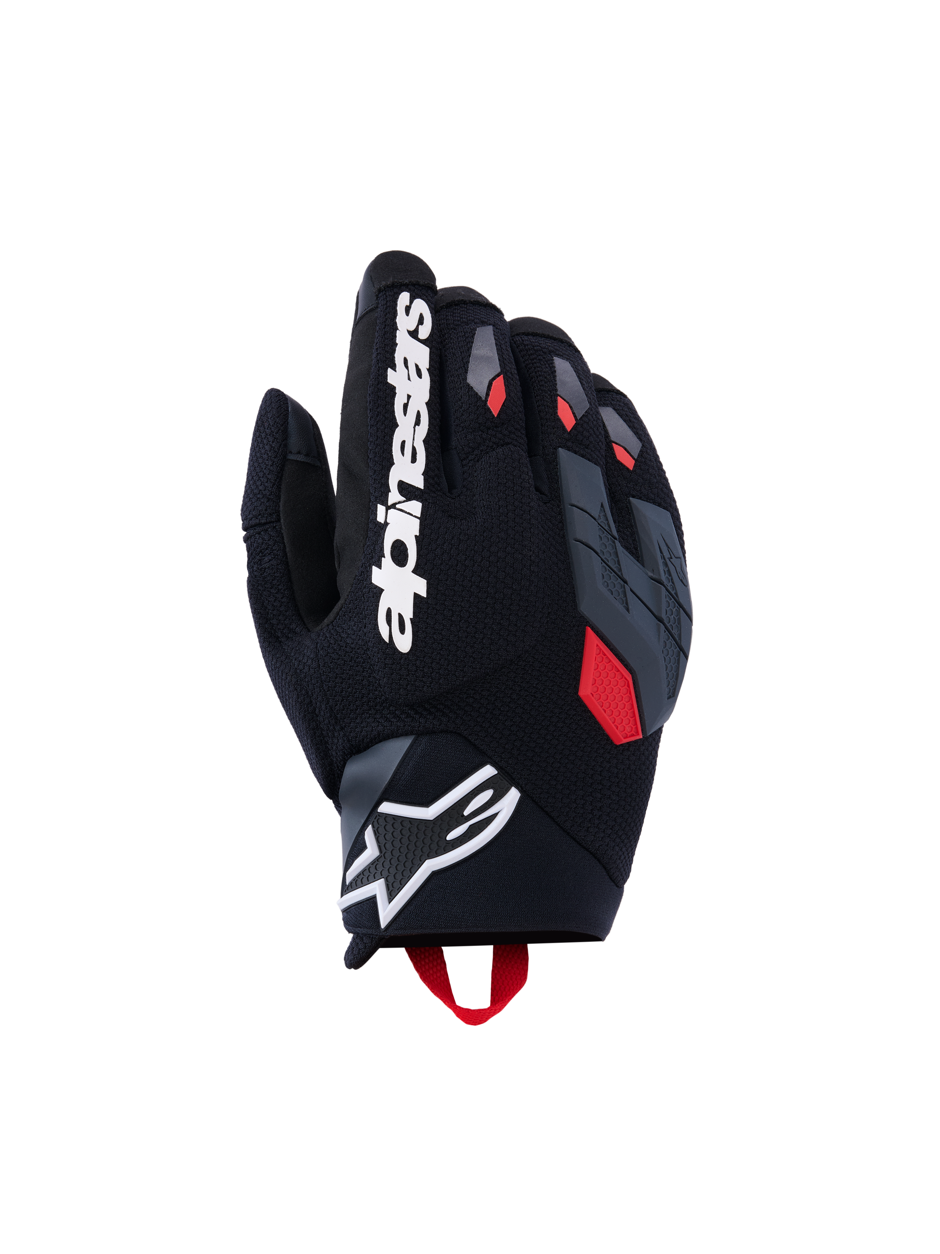 Guantes Alpinestars Durack, guantes de moto, negros con detalles en gris oscuro y rojo brillante, con dorso de tejido texturizado, protección de nudillos dividida en gris, nombre de la marca Alpinestars en blanco en el dedo índice y logotipo de estrella blanca en la muñeca de neopreno