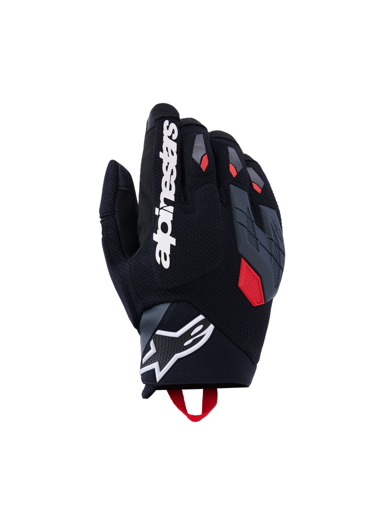 Alpinestars Durack Gloves, guantes de moto negros con logo blanco, detalles rojos en dedos y correa, parches grises en nudillos, superficie texturizada para agarre, diseño deportivo y ajustado