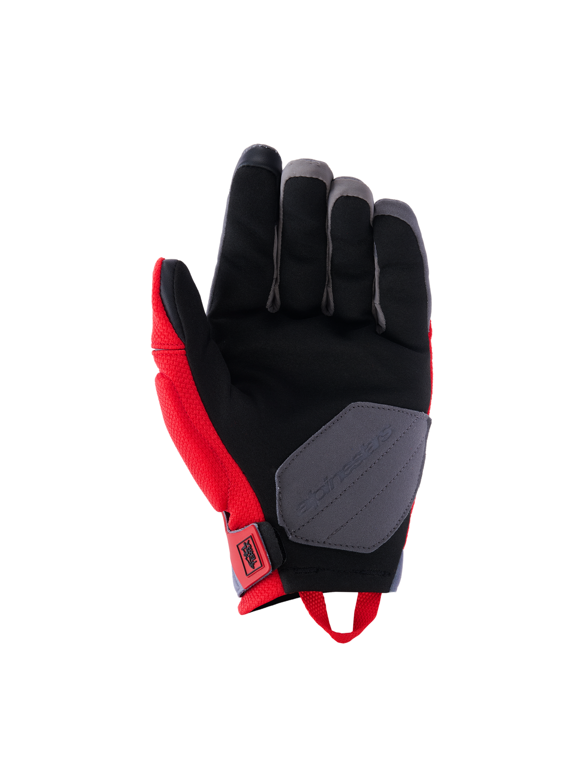 Guantes Alpinestars Durack, guantes de moto, rojo brillante y gris medio, vista de la palma con construcción de ante sintético, palma negra con parche de refuerzo gris, paneles laterales rojos y tirador en la muñeca
