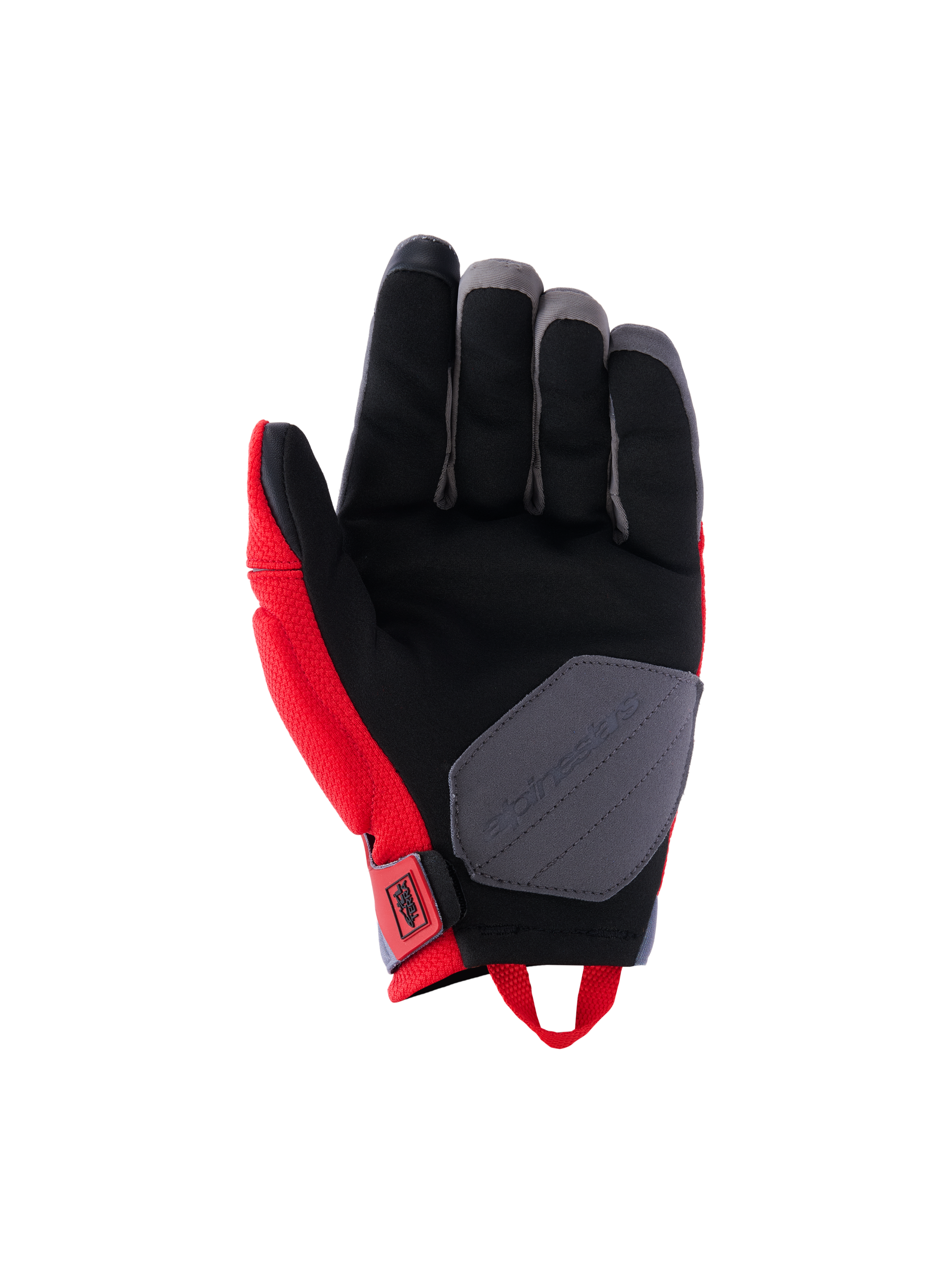 Guantes Alpinestars Durack, guantes de moto, rojo brillante y gris medio, vista de la palma con construcción de ante sintético, palma negra con parche de refuerzo gris, paneles laterales rojos y tirador en la muñeca