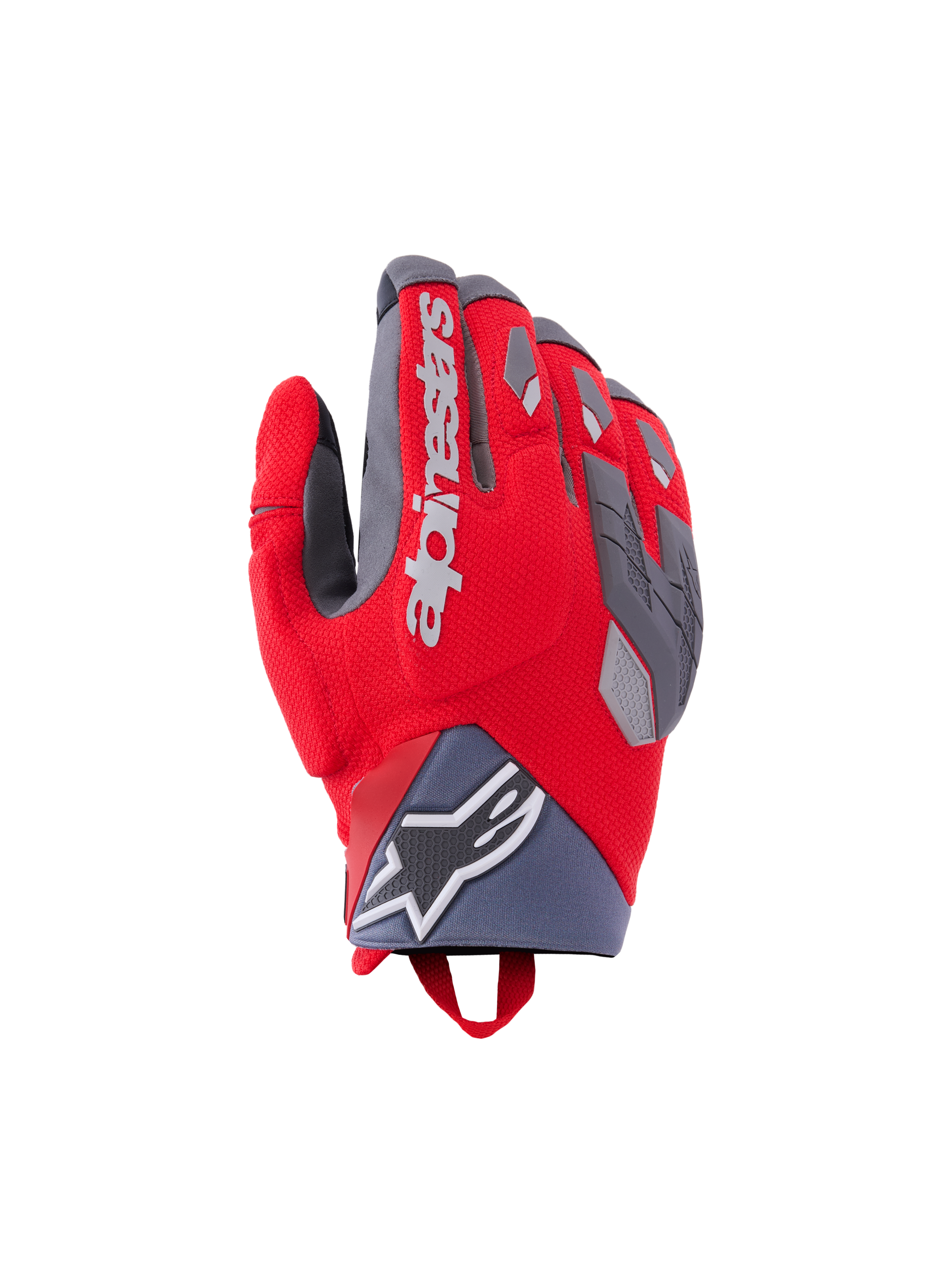 Guantes Alpinestars Durack, guantes para motociclismo, rojo brillante y gris medio, con protección de nudillos dividida y detalles de TPR grises, logotipo Alpinestars blanco en el dorso, puño de neopreno con el logo de la estrella y diseño de aventura de alto rendimiento