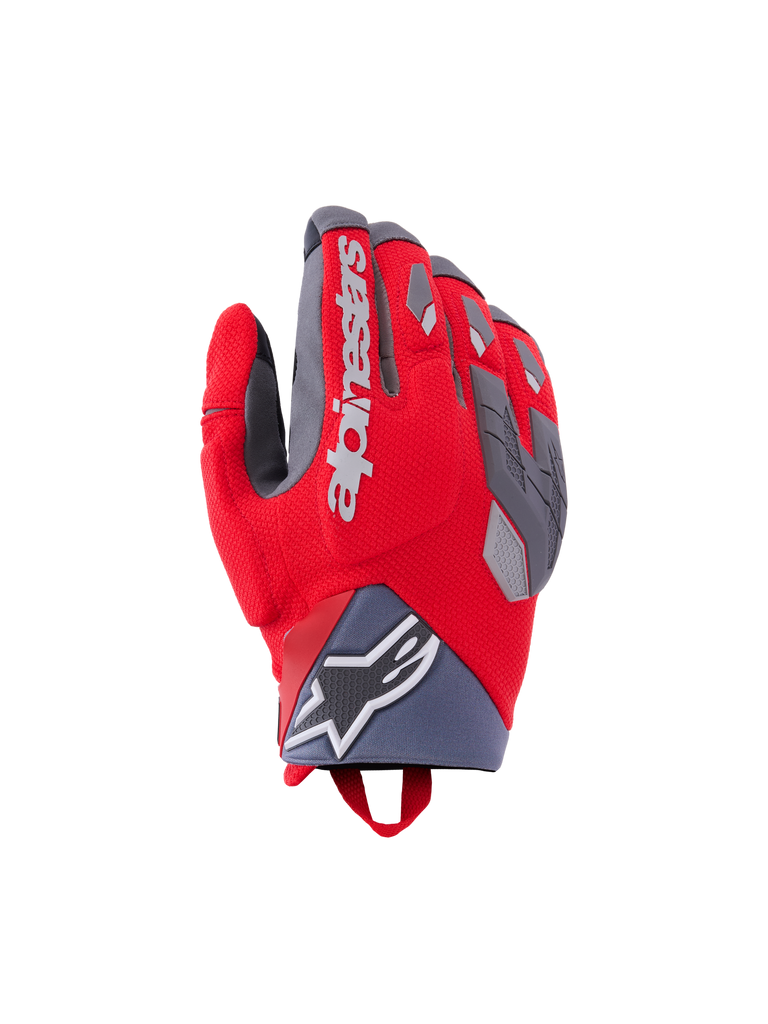Alpinestars Durack Gloves, guantes de moto, rojos con detalles grises y negros, logo blanco, superficie texturizada con patrones geométricos, elementos protectores en nudillos y dedos, diseño deportivo