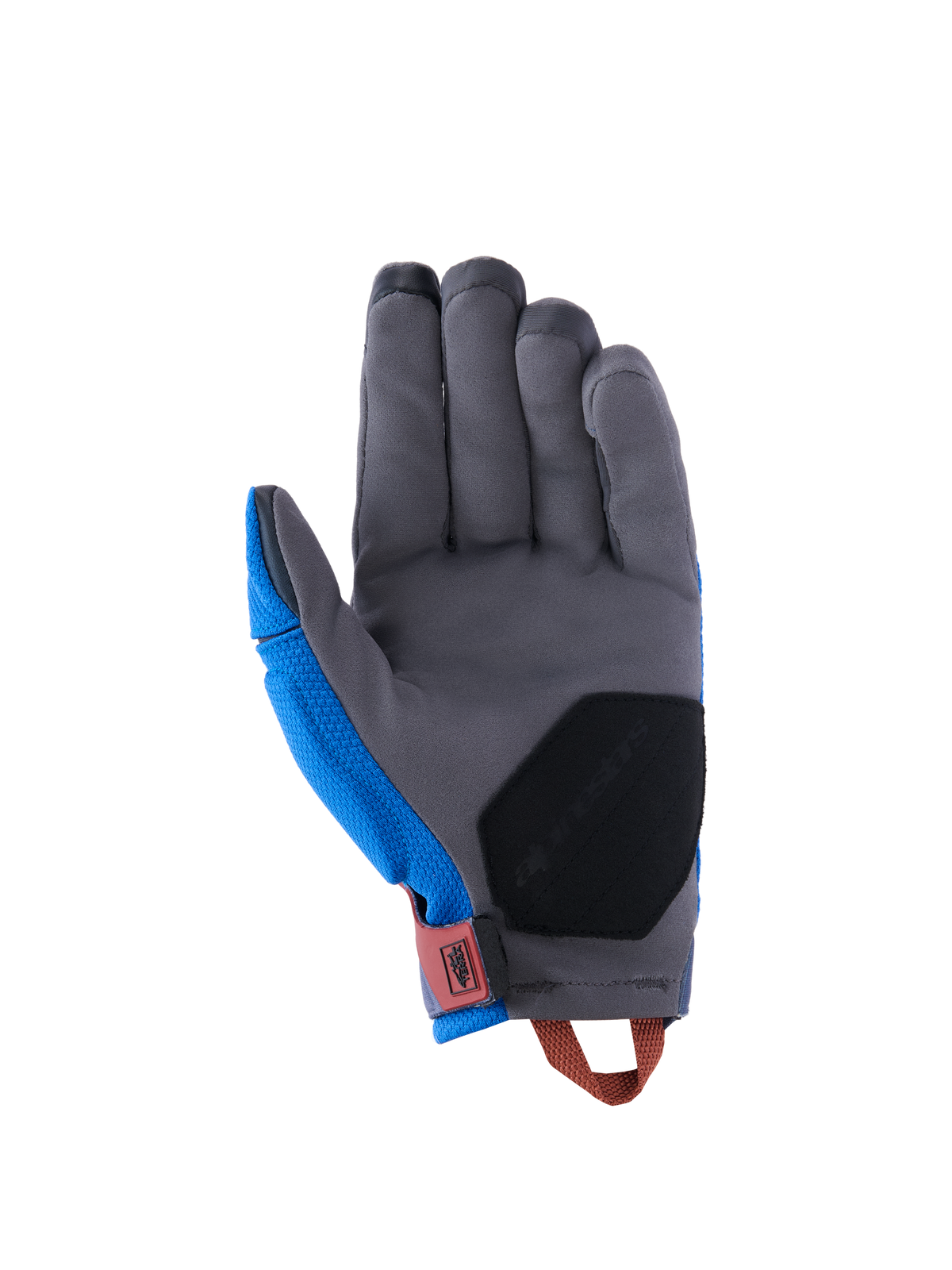 Guantes Alpinestars Durack, guantes de moto adventure, azul royal y gris oscuro, vista de la palma con construcción de ante sintético gris, acolchado de refuerzo negro en la base de la palma, lengüeta roja en la muñeca y tirador naranja.