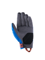 Guantes Alpinestars Durack, guantes de moto adventure, azul royal y gris oscuro, vista de la palma con construcción de ante sintético gris, acolchado de refuerzo negro en la base de la palma, lengüeta roja en la muñeca y tirador naranja.