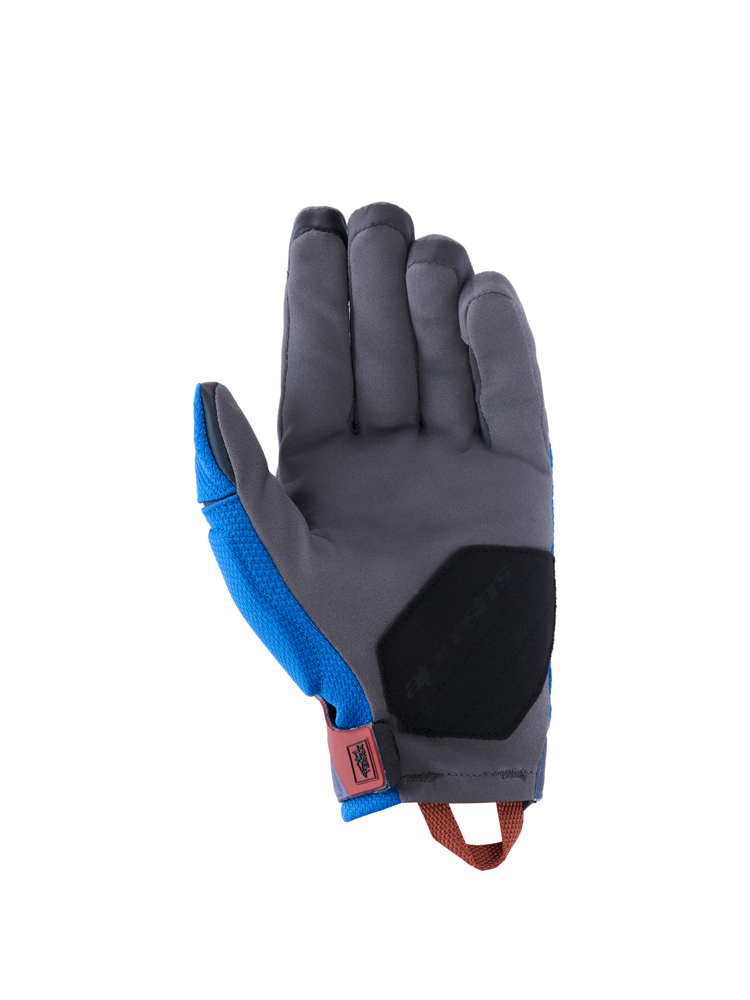 Guantes Alpinestars Durack, guantes de moto adventure, azul royal y gris oscuro, vista de la palma con construcción de ante sintético gris, acolchado de refuerzo negro en la base de la palma, lengüeta roja en la muñeca y tirador naranja.