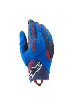 Alpinestars Durack Gloves, Adventure Motorcycle Gloves, Royal Blue and Deep Gray, textile backhand with TPR knuckle protection, red Alpinestars logo on index finger, white star logo on wrist, lightweight summer dual sport protection