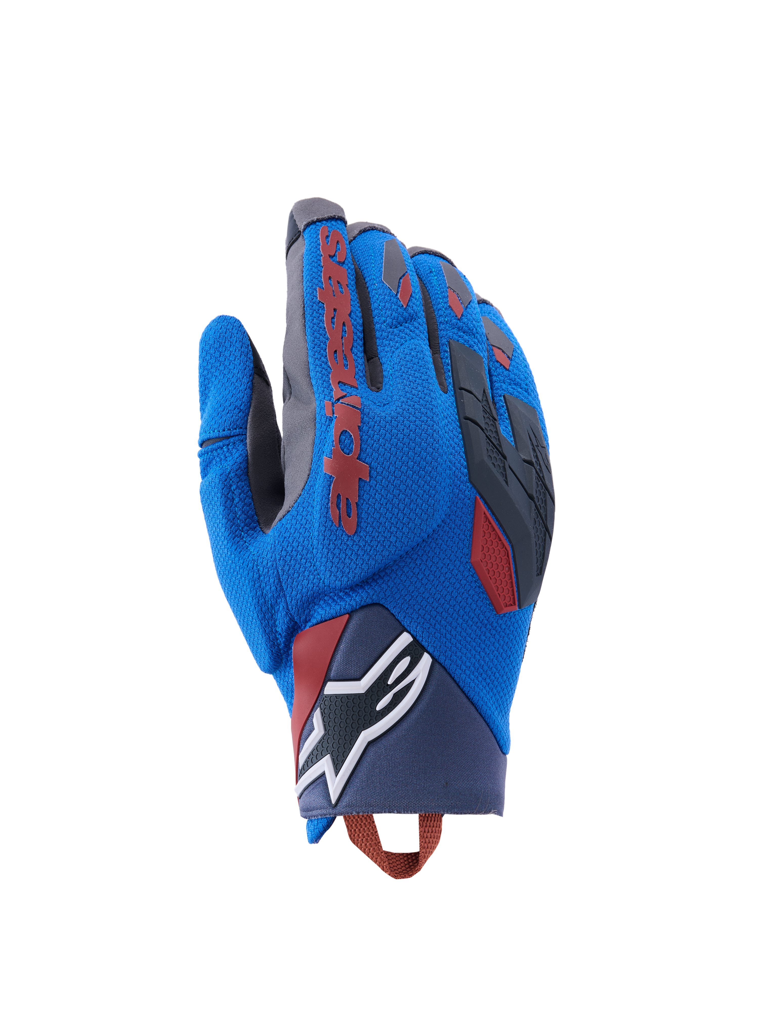 Guantes Alpinestars Durack, guantes de moto de aventura, azul real y gris oscuro, dorso textil con protección de nudillos TPR, logo Alpinestars rojo en el dedo índice, logo de estrella blanco en la muñeca, protección ligera de verano para dual sport