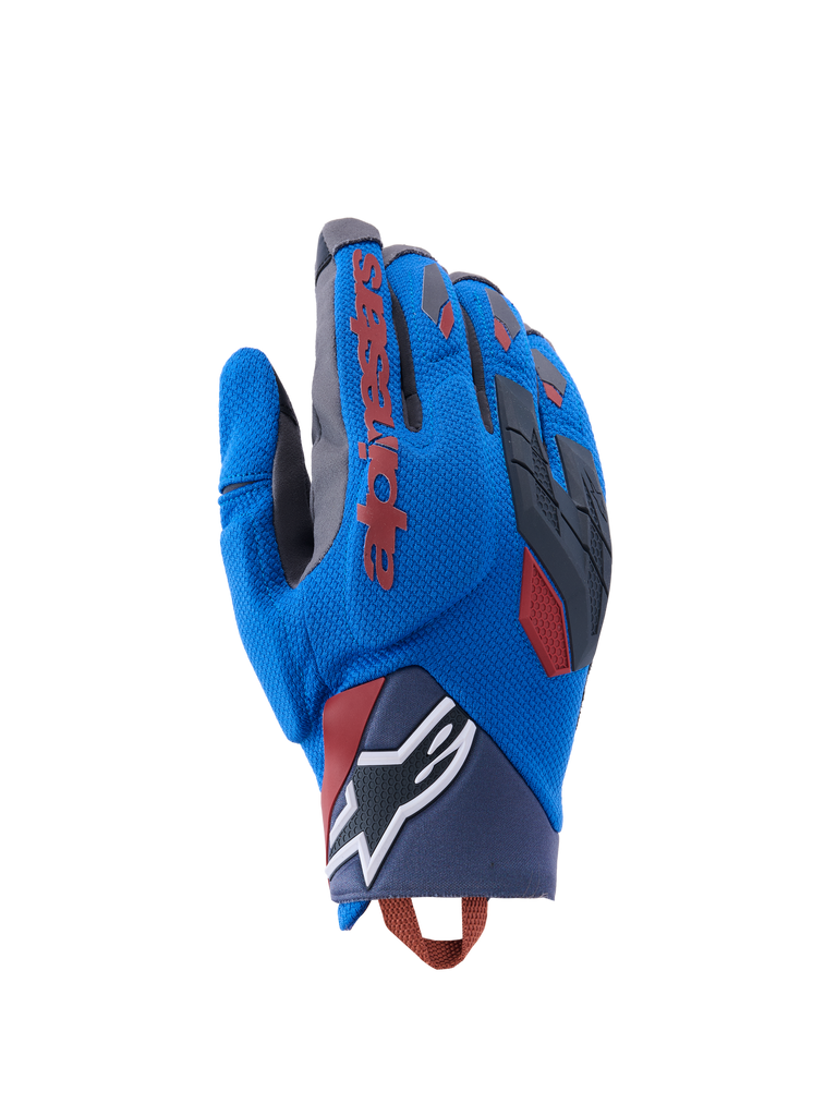 Alpinestars Durack Gloves, guantes de ciclismo de montaña, azules con detalles rojos y negros, superficie texturizada, logo blanco en la muñeca, parches de goma en los dedos, correa ajustable