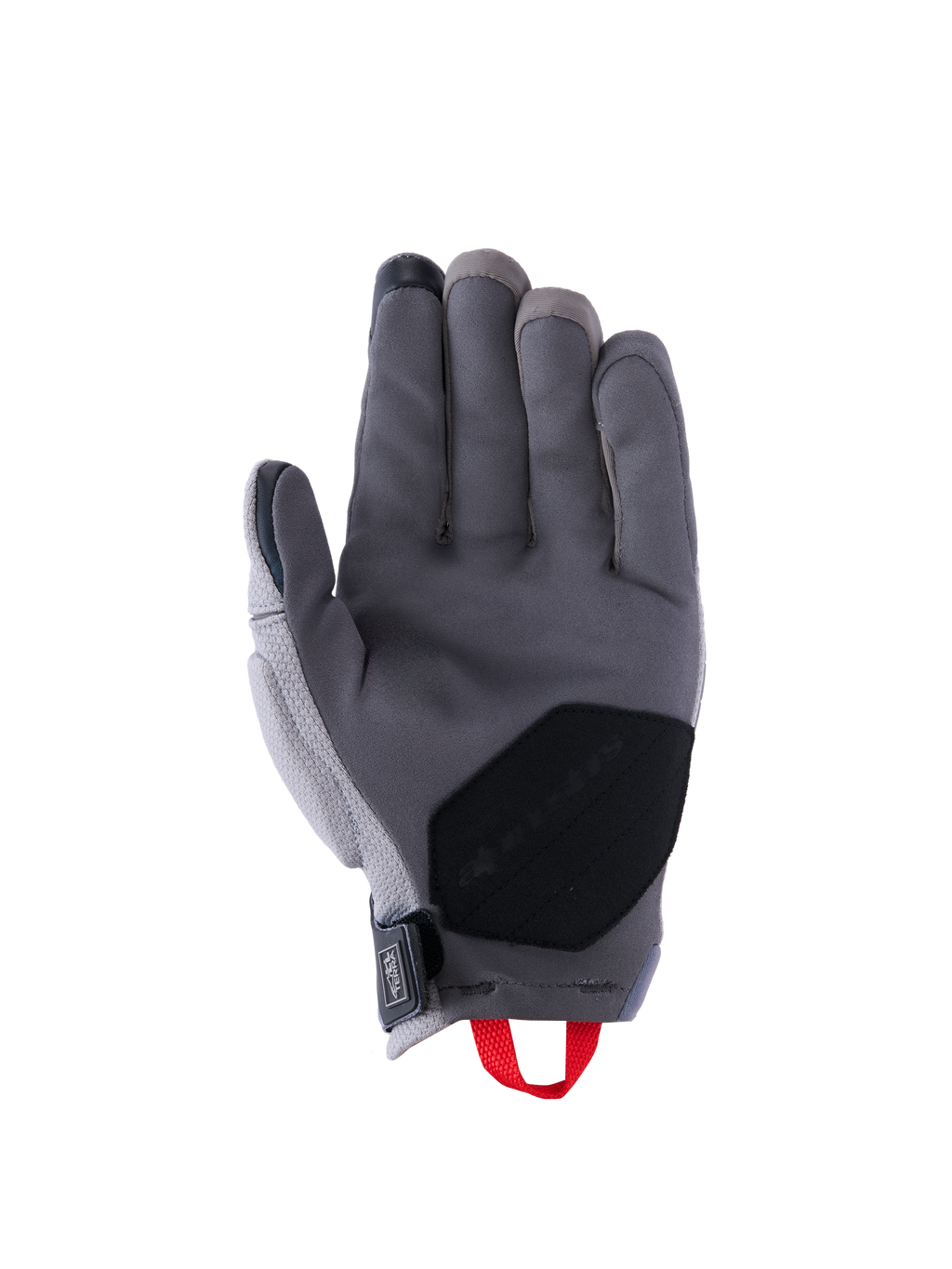 Alpinestars Durack Gloves, guantes de moto, gris oscuro y gris medio, vista de la palma con construcción de ante sintético con parche de refuerzo negro, tirador rojo y cierre de muñeca de neopreno, equipamiento de conducción de aventura de puño corto