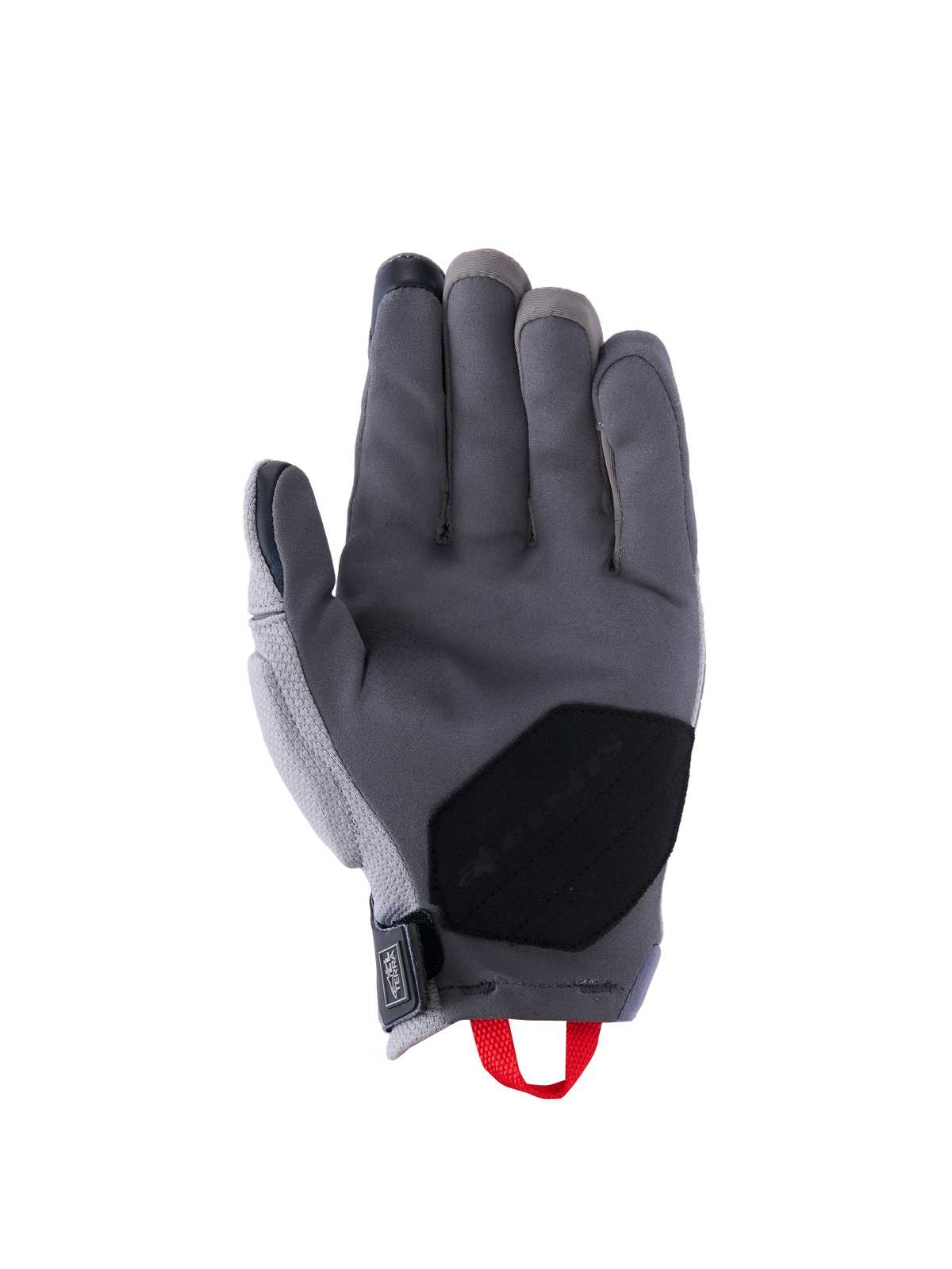 Alpinestars Durack Gloves, guantes de moto, gris oscuro y gris medio, vista de la palma con construcción de ante sintético con parche de refuerzo negro, tirador rojo y cierre de muñeca de neopreno, equipamiento de conducción de aventura de puño corto