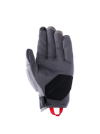 Alpinestars Durack Gloves, guantes de moto, gris oscuro y gris medio, vista de la palma con construcción de ante sintético con parche de refuerzo negro, tirador rojo y cierre de muñeca de neopreno, equipamiento de conducción de aventura de puño corto