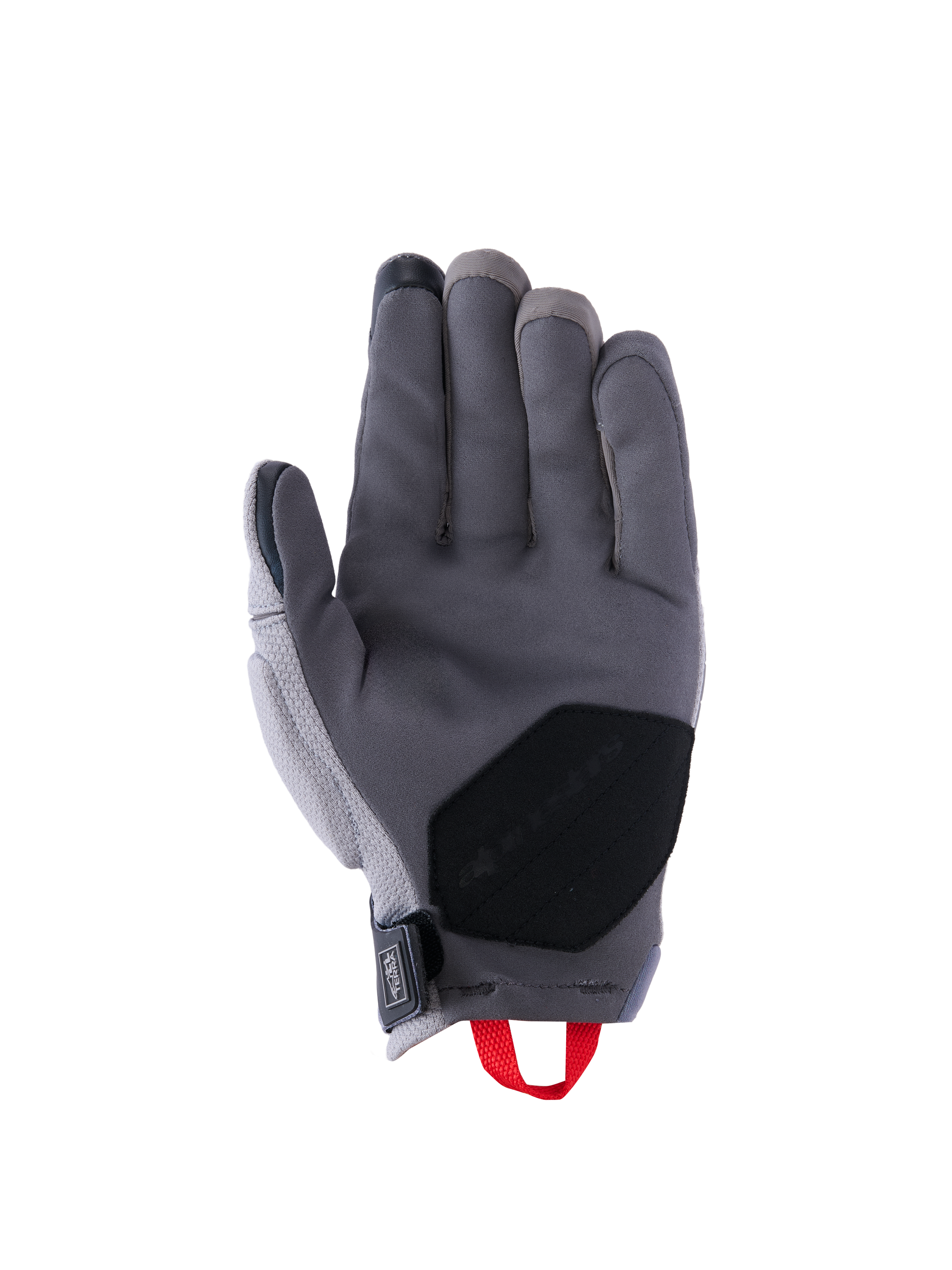Alpinestars Durack Gloves, guantes de moto, gris oscuro y gris medio, vista de la palma con construcción de ante sintético con parche de refuerzo negro, tirador rojo y cierre de muñeca de neopreno, equipamiento de conducción de aventura de puño corto