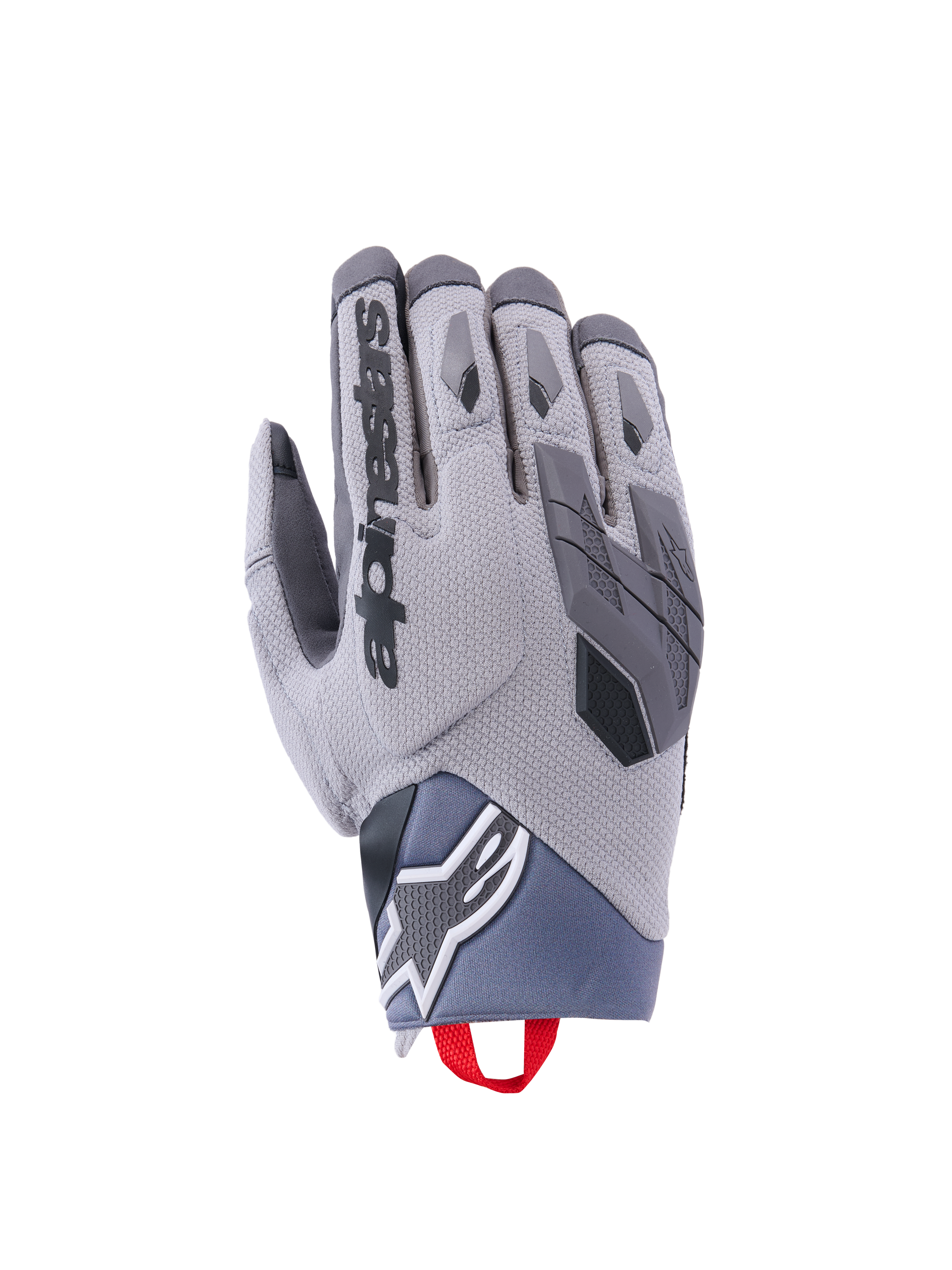 Guantes Alpinestars Durack, guantes de moto, gris oscuro y gris medio, dorso de spandex texturizado, protección de nudillos de TPR, logotipo de Alpinestars en la muñeca, tirador rojo, equipamiento moderno para conducción de aventura